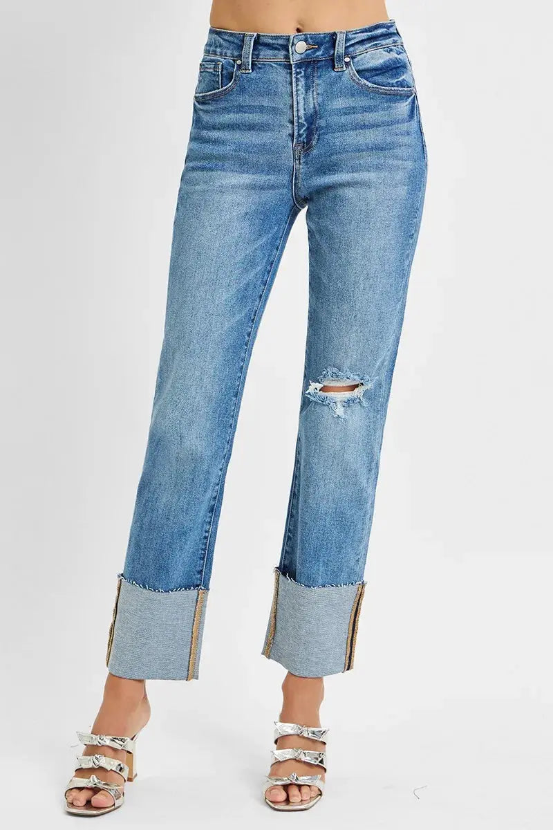RISEN Jeans - Plus Size High Rise Straight Wide Cuffed Jeans - Be Bliss Boutique