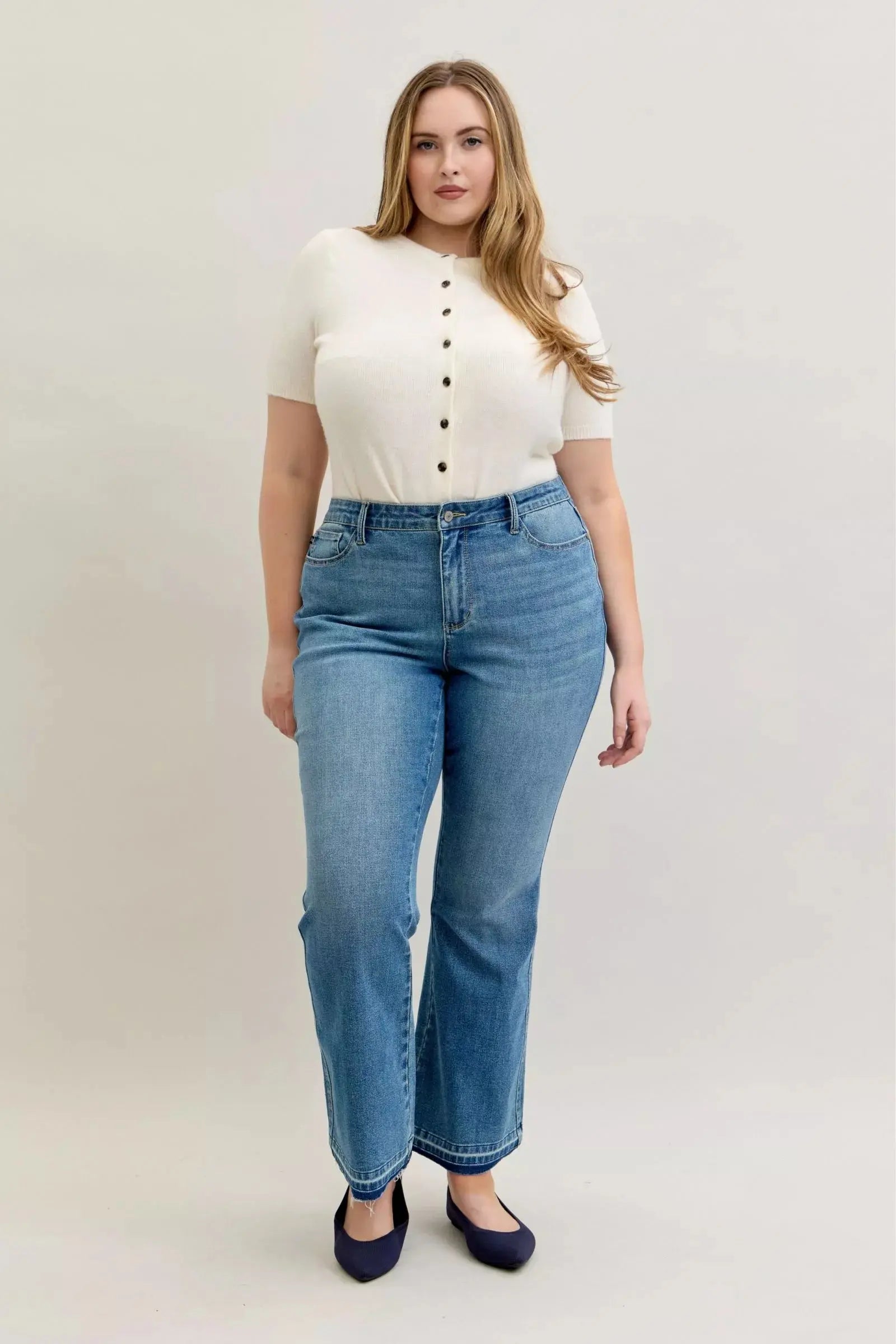 Judy Blue Jeans - Full Size Mid Rise Slim Bootcut Tummy Control Release Hem Jeans - Be Bliss Boutique