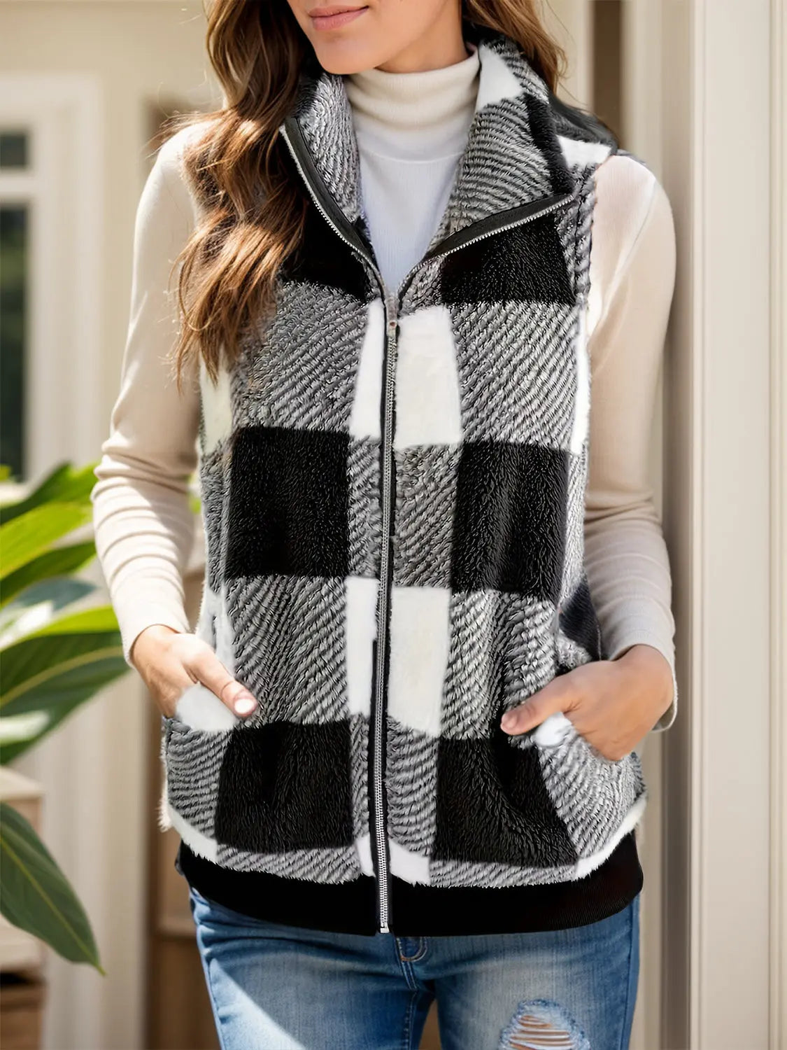 Pocketed Plaid Zip Up Vest Coat - Be Bliss Boutique