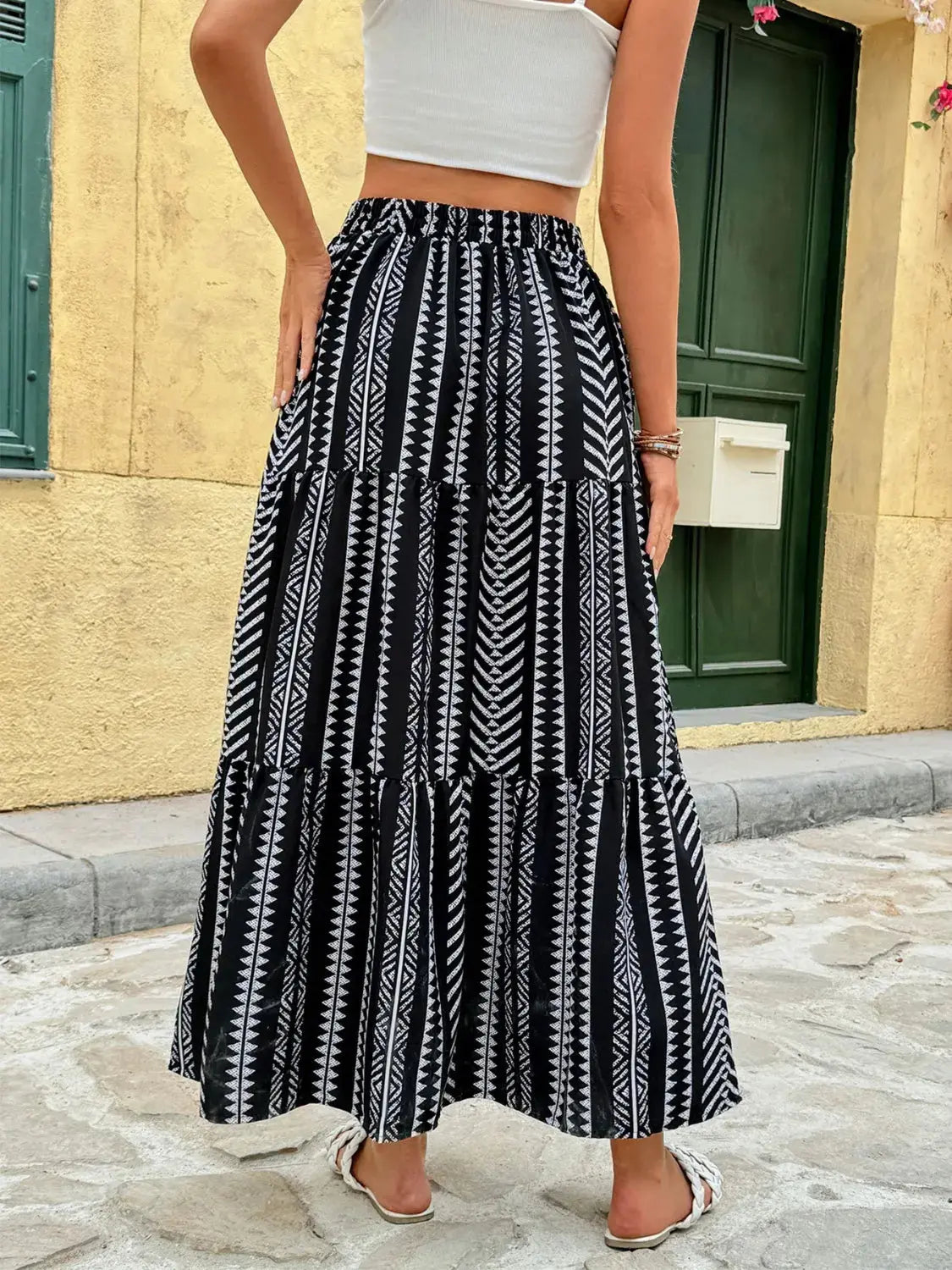 Black and White Tiered Bohemian Maxi Skirt with Pockets - Be Bliss Boutique