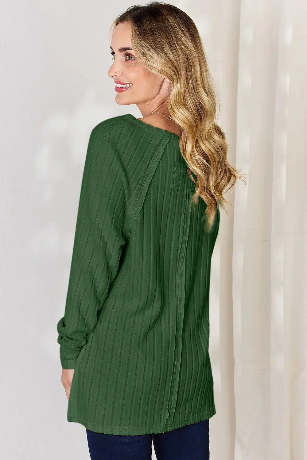 Basic Bae Ribbed Round Neck Slit Womens Long Sleeve T Shirt – Full & Plus Size - Be Bliss Boutique