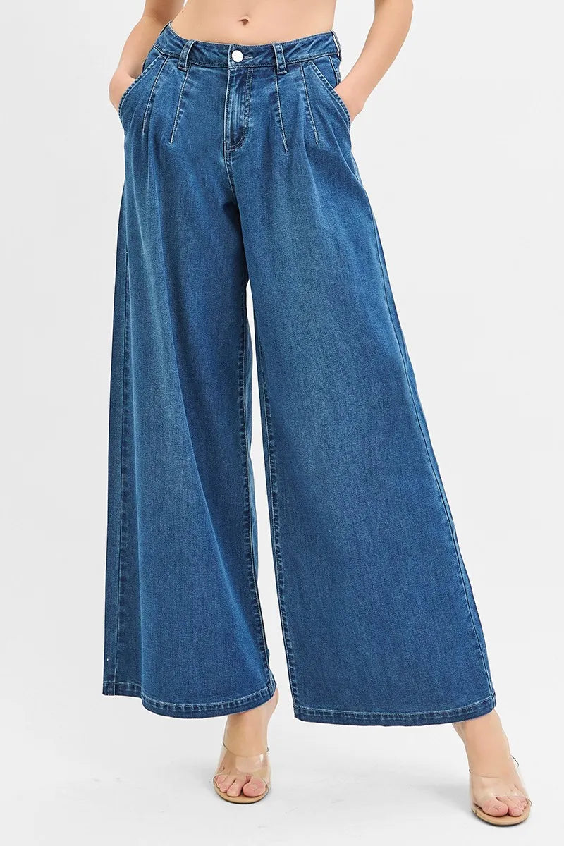 Mid Rise Wide Leg Knit Denim Palazzo RISEN Jeans - Be Bliss Boutique