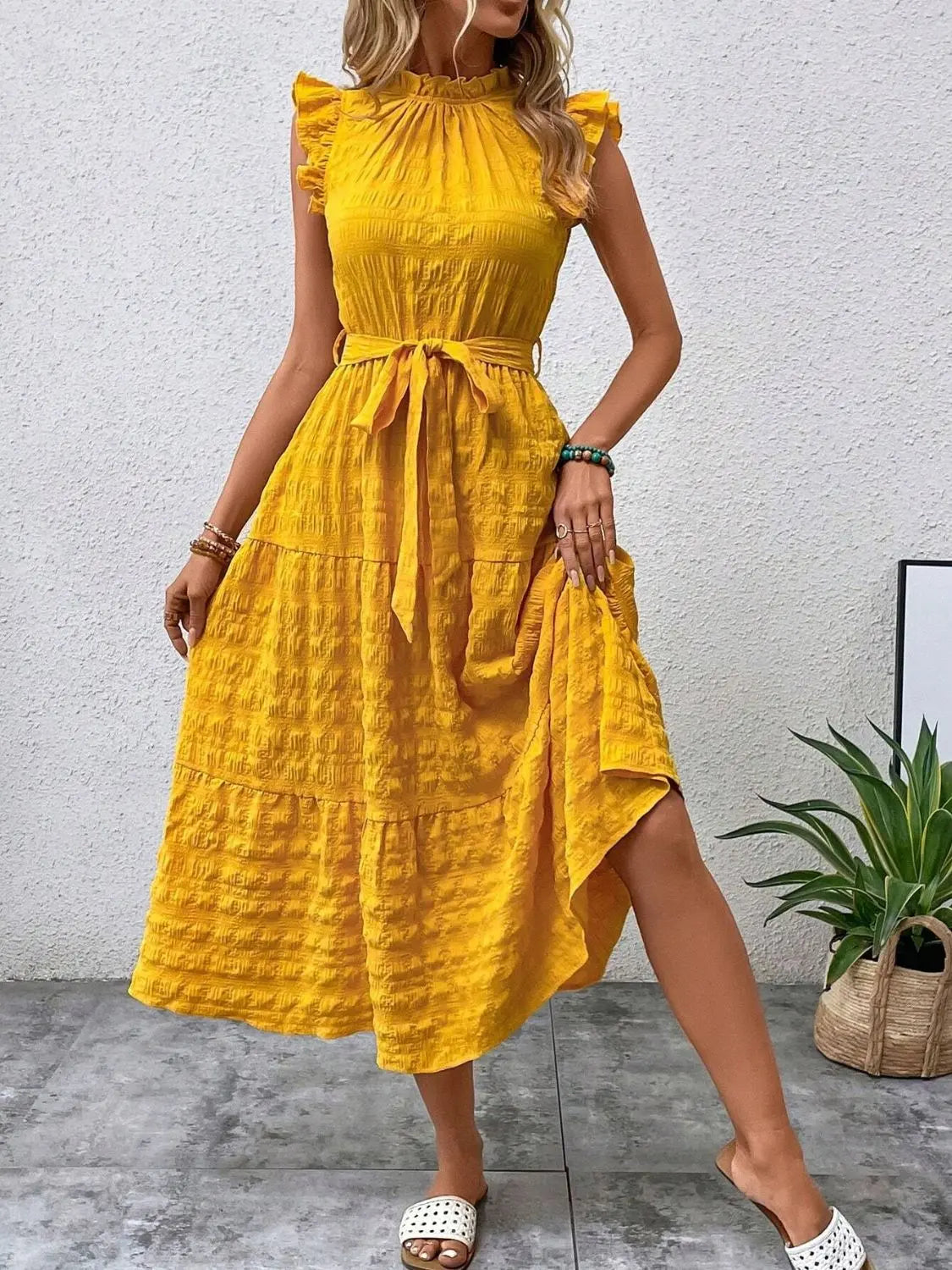 Tied Ruffled Cap Sleeve Midi Dress - Be Bliss Boutique