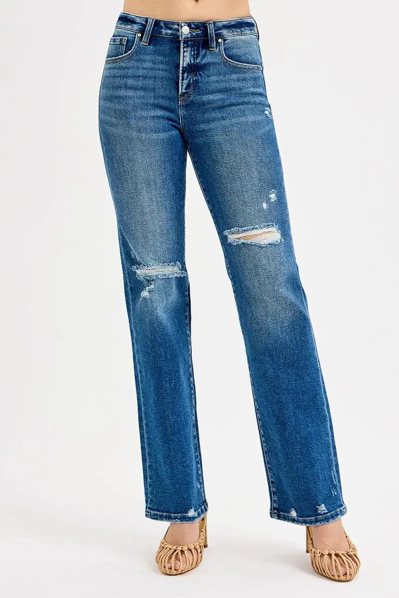 RISEN Jeans - Plus Size Tummy Control High Rise Straight Distressed Jeans - Be Bliss Boutique