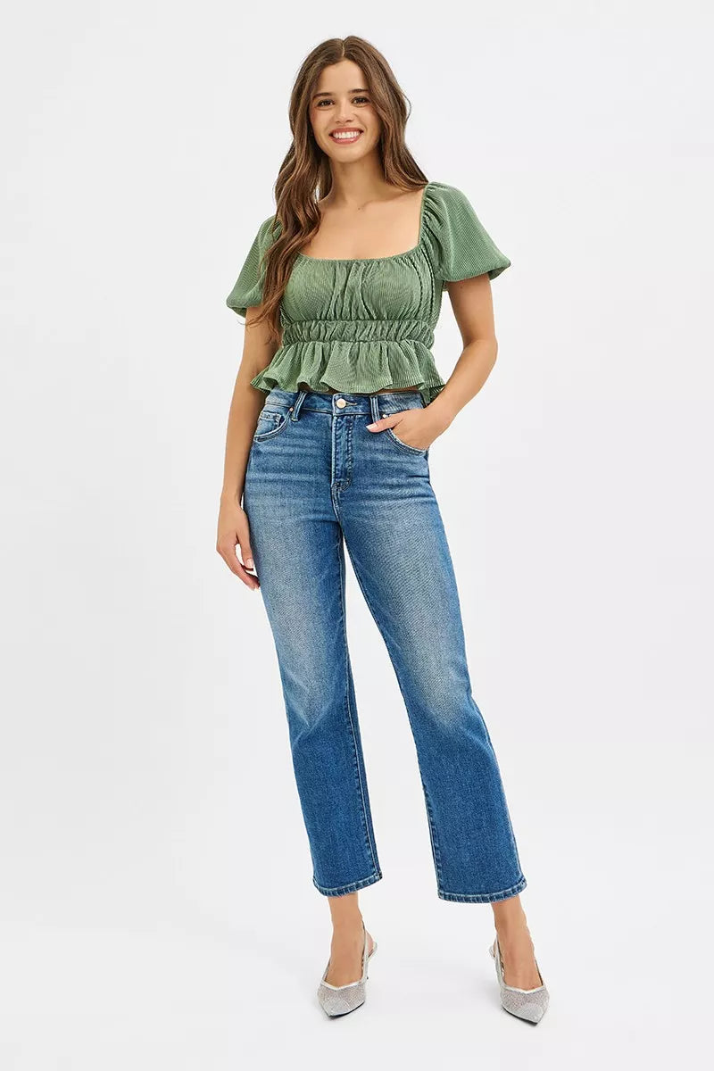 RISEN Tummy Control High Rise Crop Straight Jeans -  Be Bliss Boutique