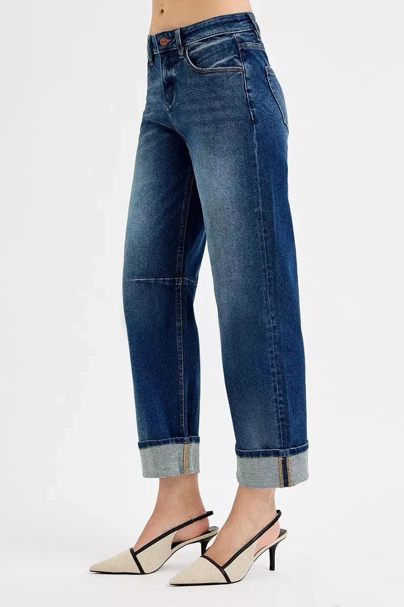RISEN Jeans - Slouchy Crop Barrel Cuffed Jeans in Dark Wash - Be Bliss Boutique