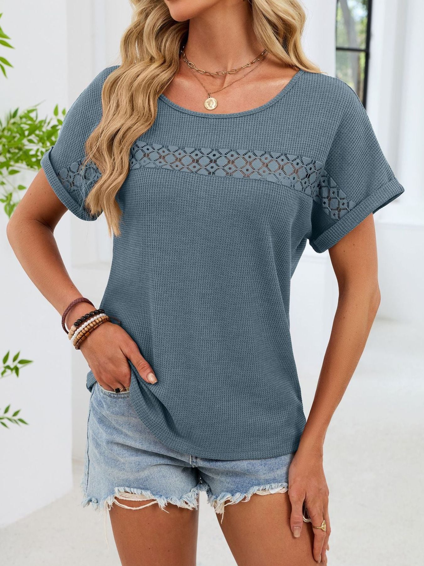 Lace Trim Short Sleeve T Shirt - Be Bliss Boutique