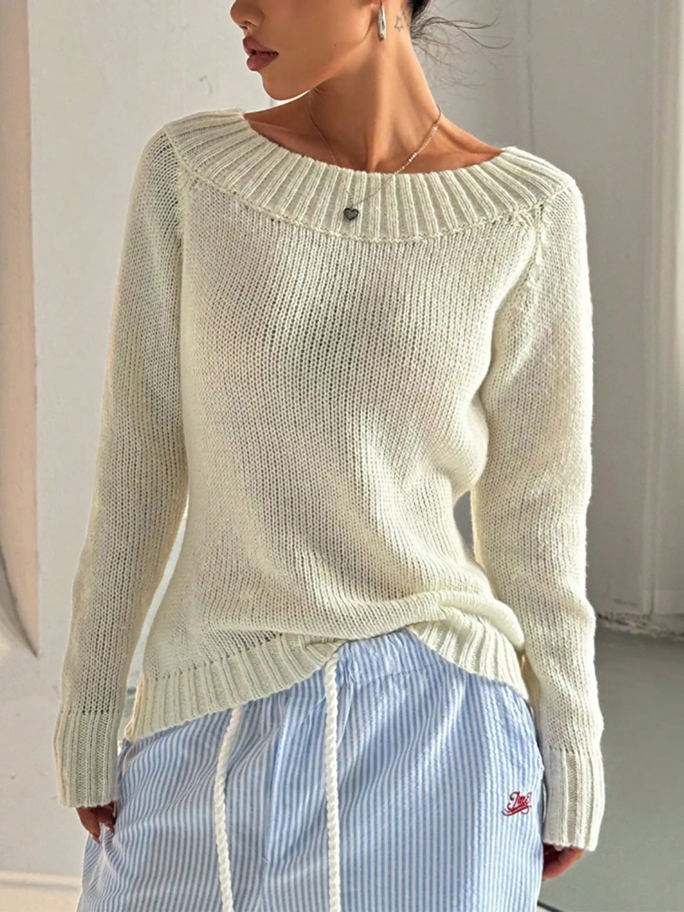Ribbed Knit Boat Neck Sweater - Be Bliss Boutique