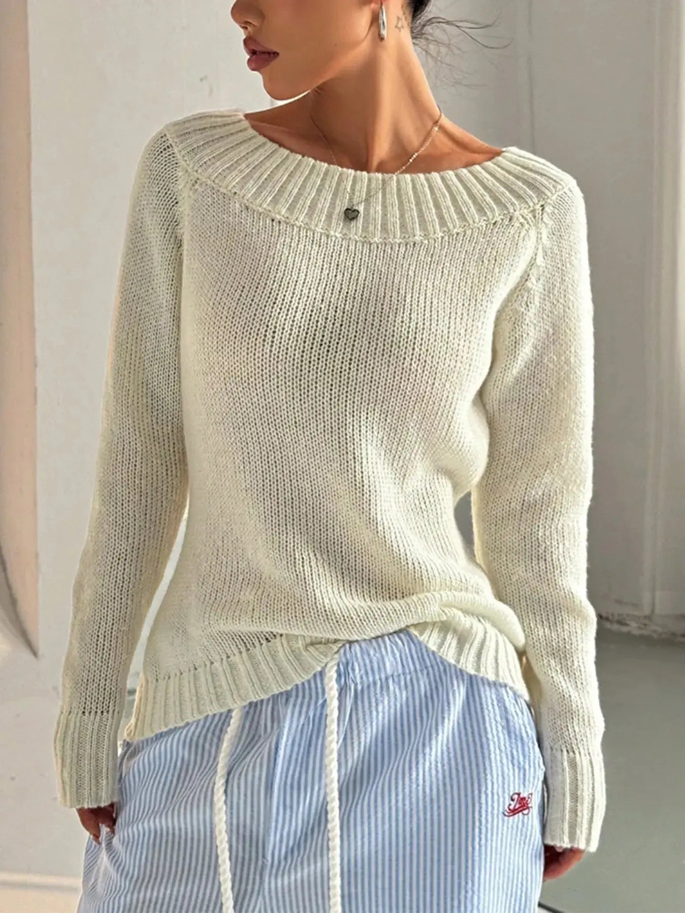 Ribbed Knit Boat Neck Sweater - Be Bliss Boutique