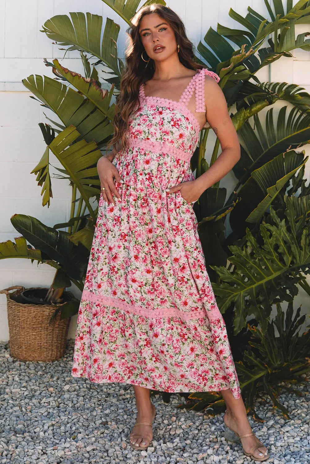 Floral Lace Tied Strap Empire Waist Maxi Dress - Be Bliss Boutique