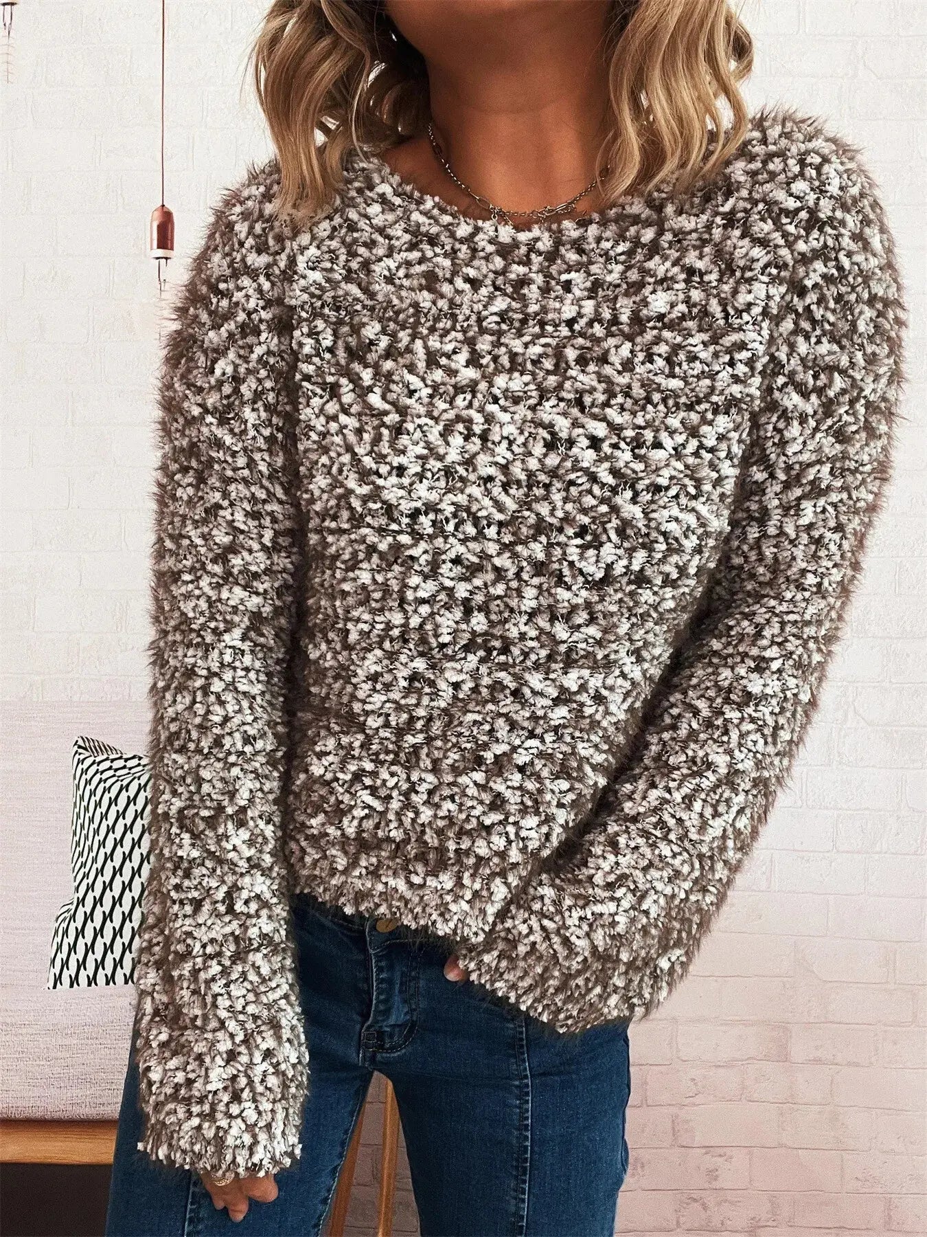 Crochet Dropped Shoulder Round Neck Sweater - Be Bliss Boutique