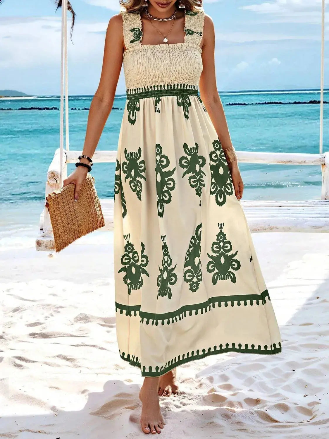 Smocked Printed Wide Strap Maxi Dress - Be Bliss Boutique