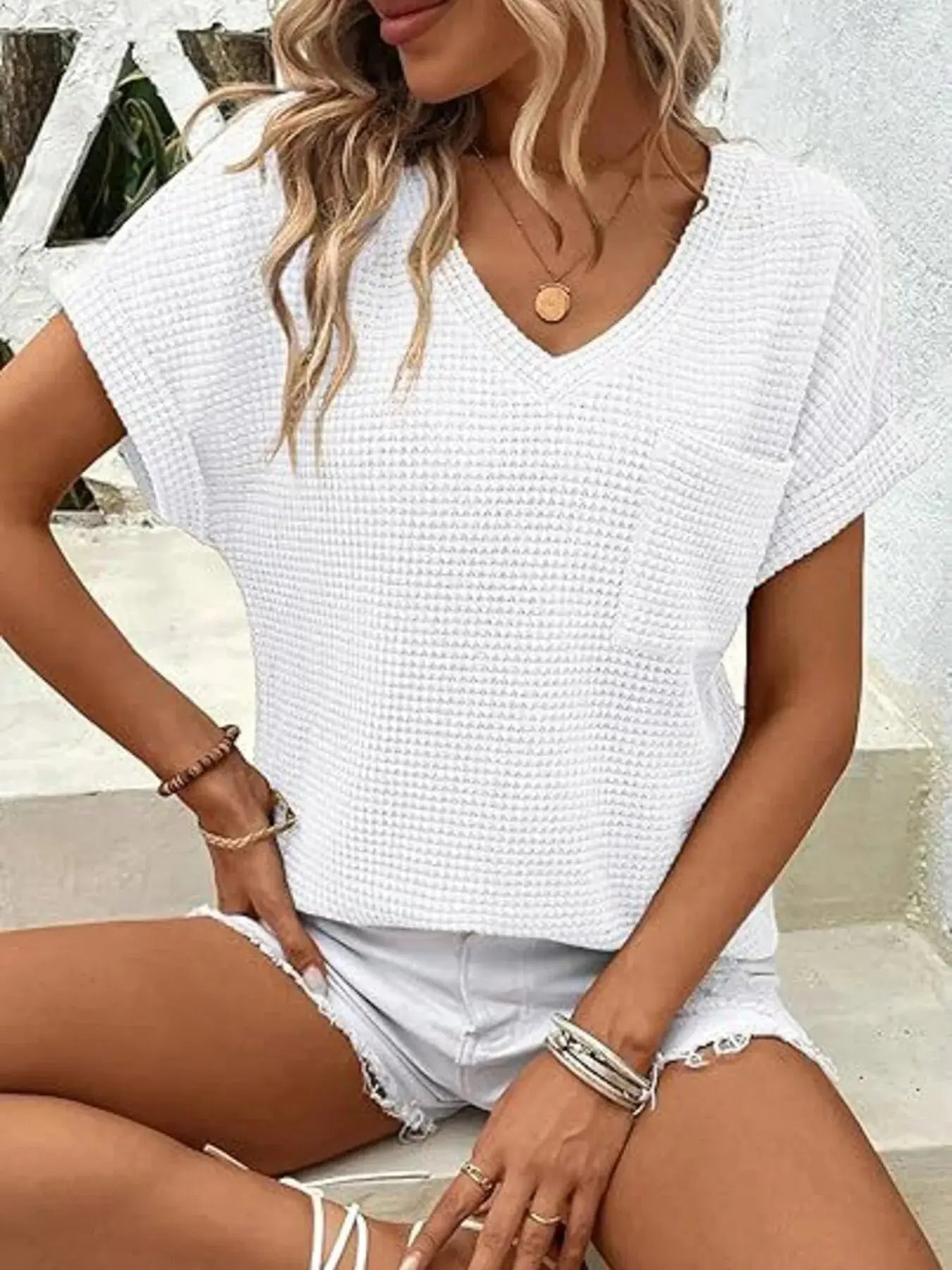 Waffle Knit V-Neck Casual T-Shirt - Be Bliss Boutique