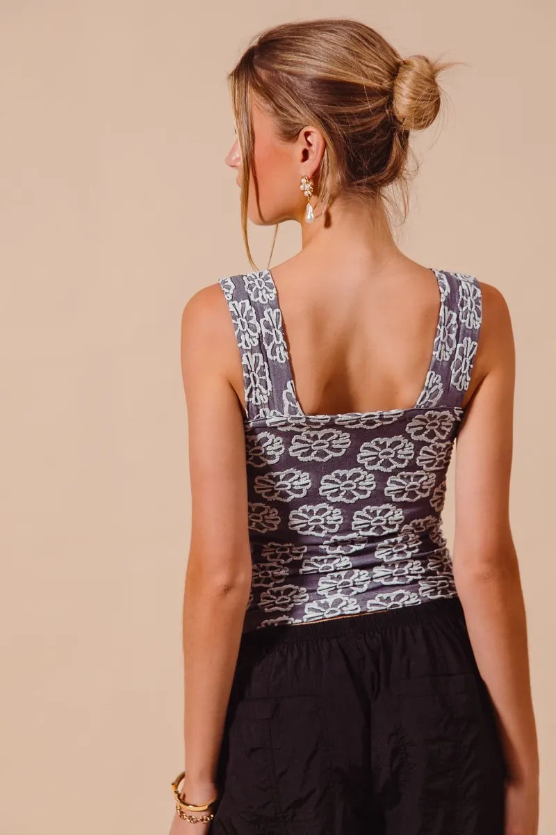 SO ME Charcoal Blue Two Tone Floral Seamless Tank Top - Be Bliss Boutique