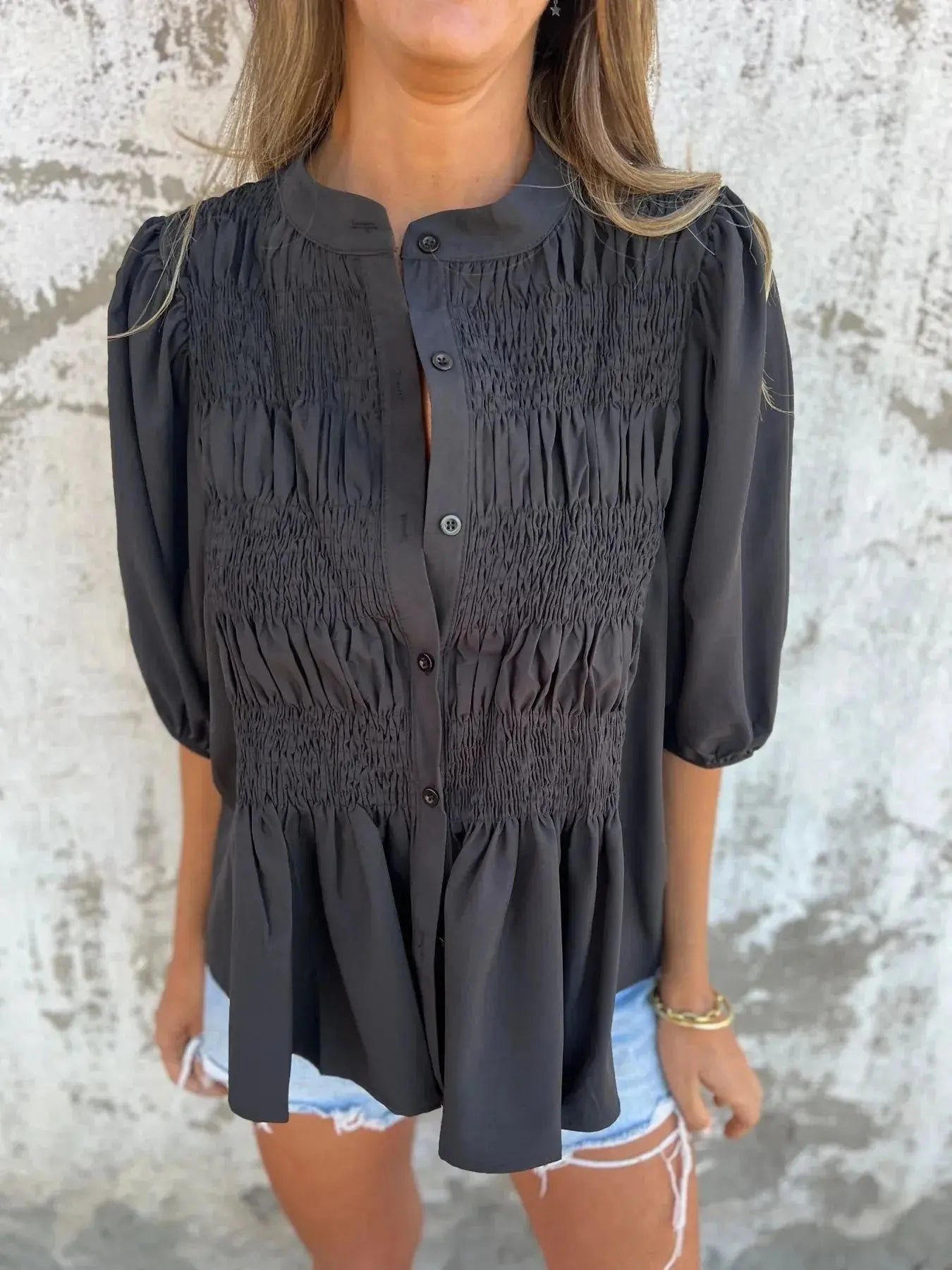 Full Size Red Smocked Button Puff Sleeve Blouse – Plus Size - Be Bliss Boutique