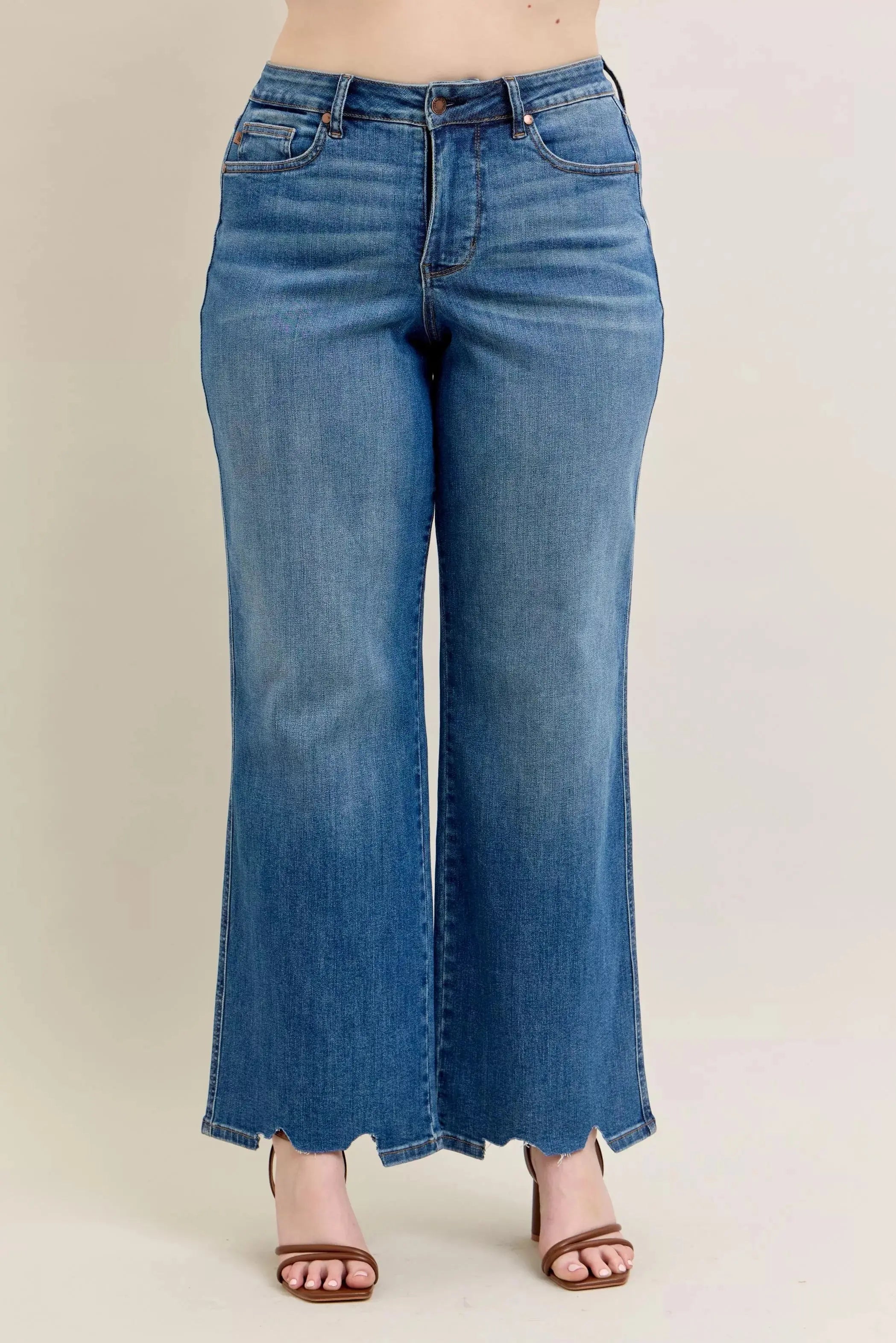 Judy Blue Full Size High Waist Tummy Control Destroy Wide Leg Jeans with Chew Hem - Be Bliss Boutique