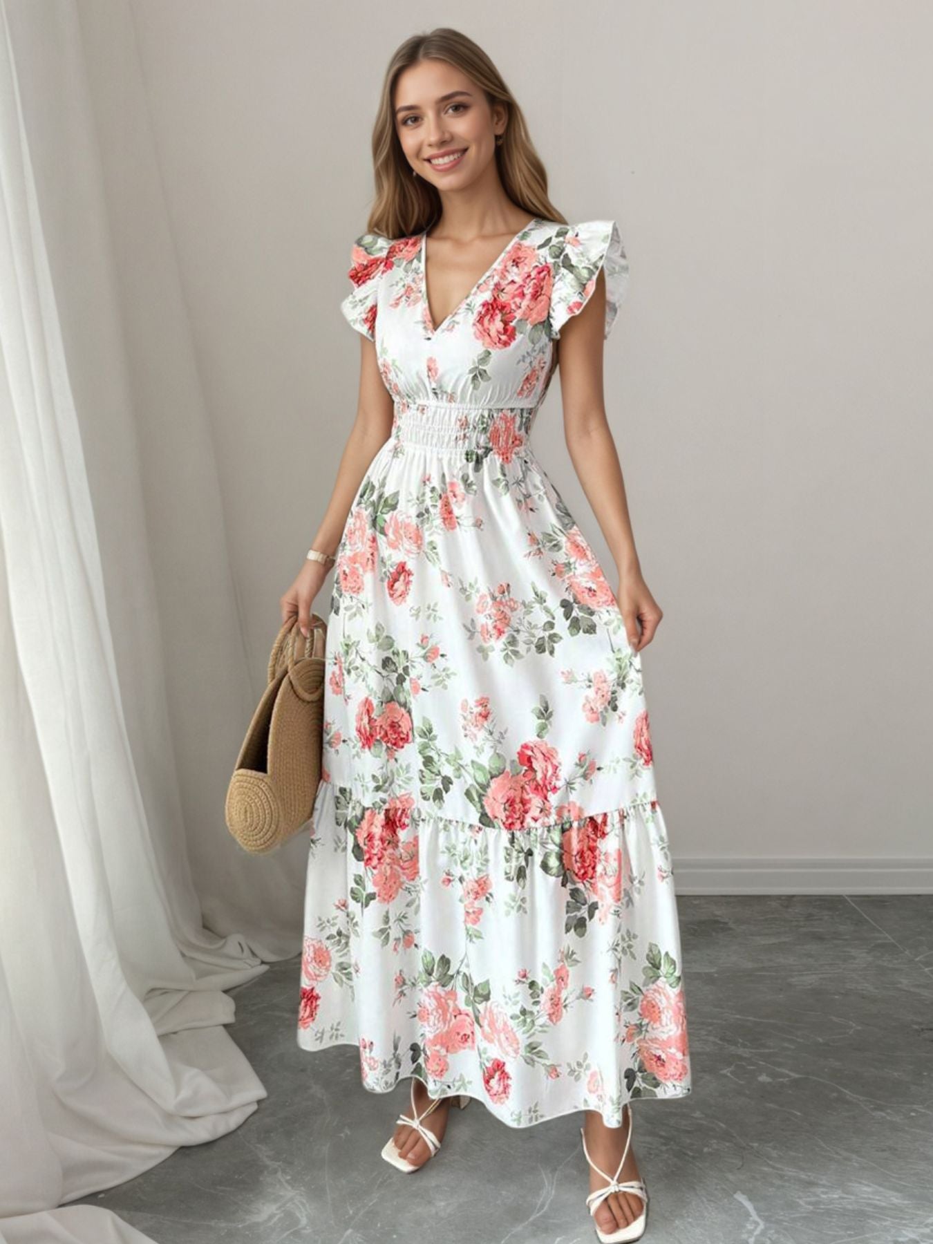 Floral Print Ruffle Sleeve Tiered Maxi Dress - Be Bliss Boutique