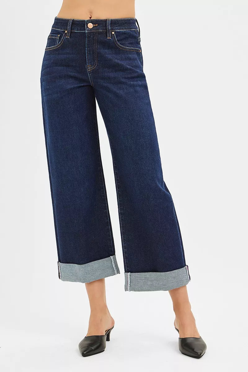 RISEN Mid Rise Fit Ankle Wide Roll Up Jeans - Be Bliss Boutique