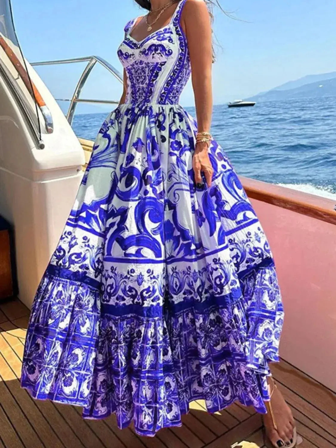 Smocked Blue Tile Print Wide Strap Midi Dress - Be Bliss Boutique