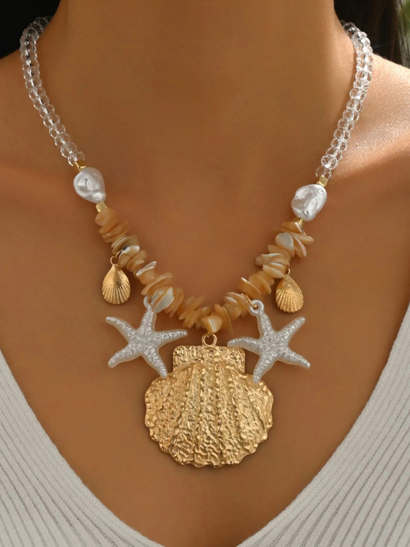 18K Gold-Plated Starfish & Shell Beaded Beach Necklace - Be Bliss Boutique