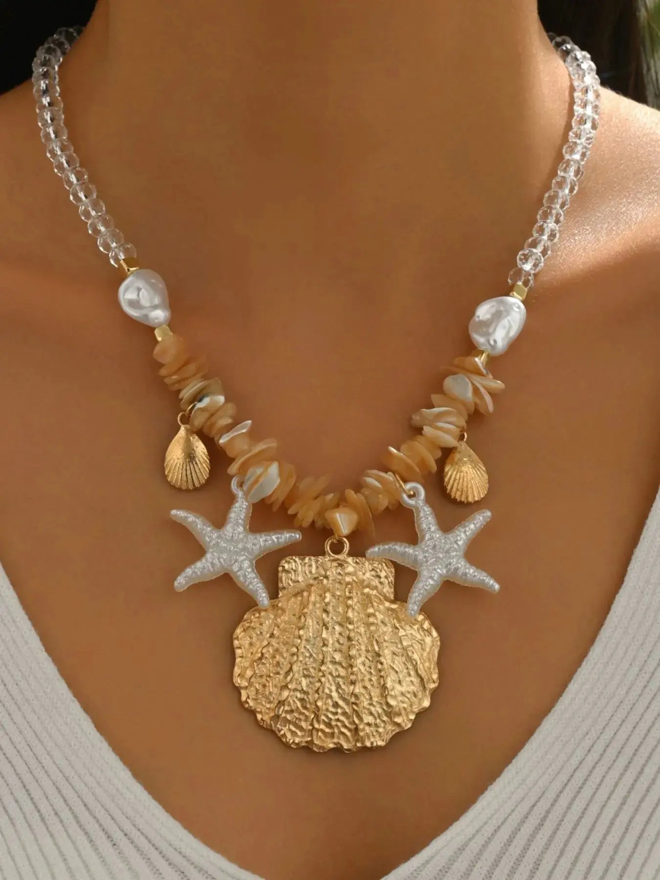 18K Gold-Plated Starfish & Shell Beaded Beach Necklace - Be Bliss Boutique