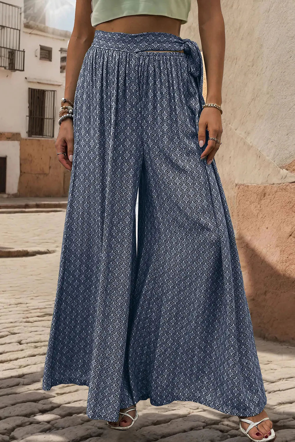 Printed Tied Wide Leg Pants - Be Bliss Boutique