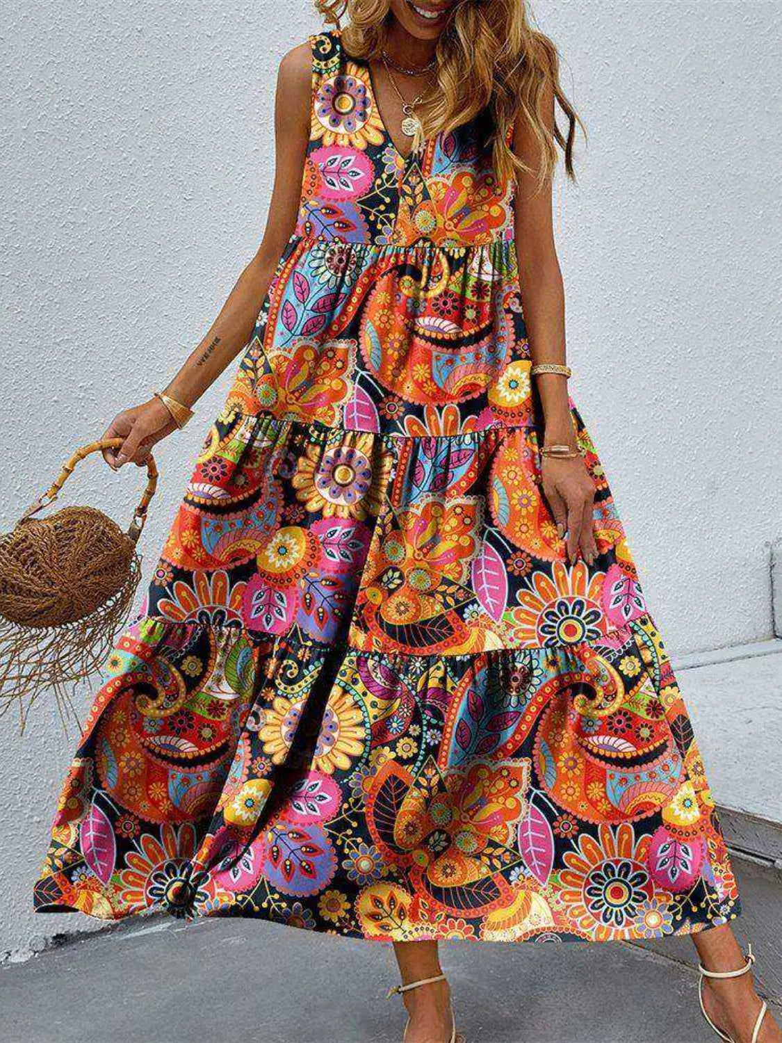 Tiered Printed V-Neck Sleeveless Dress - Be Bliss Boutique