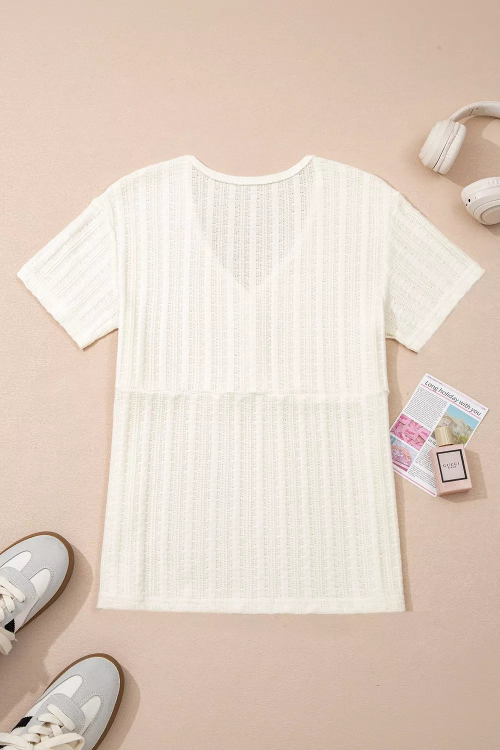 Ribbed Knit Button Detail V Neck T Shirt - Be Bliss Boutique