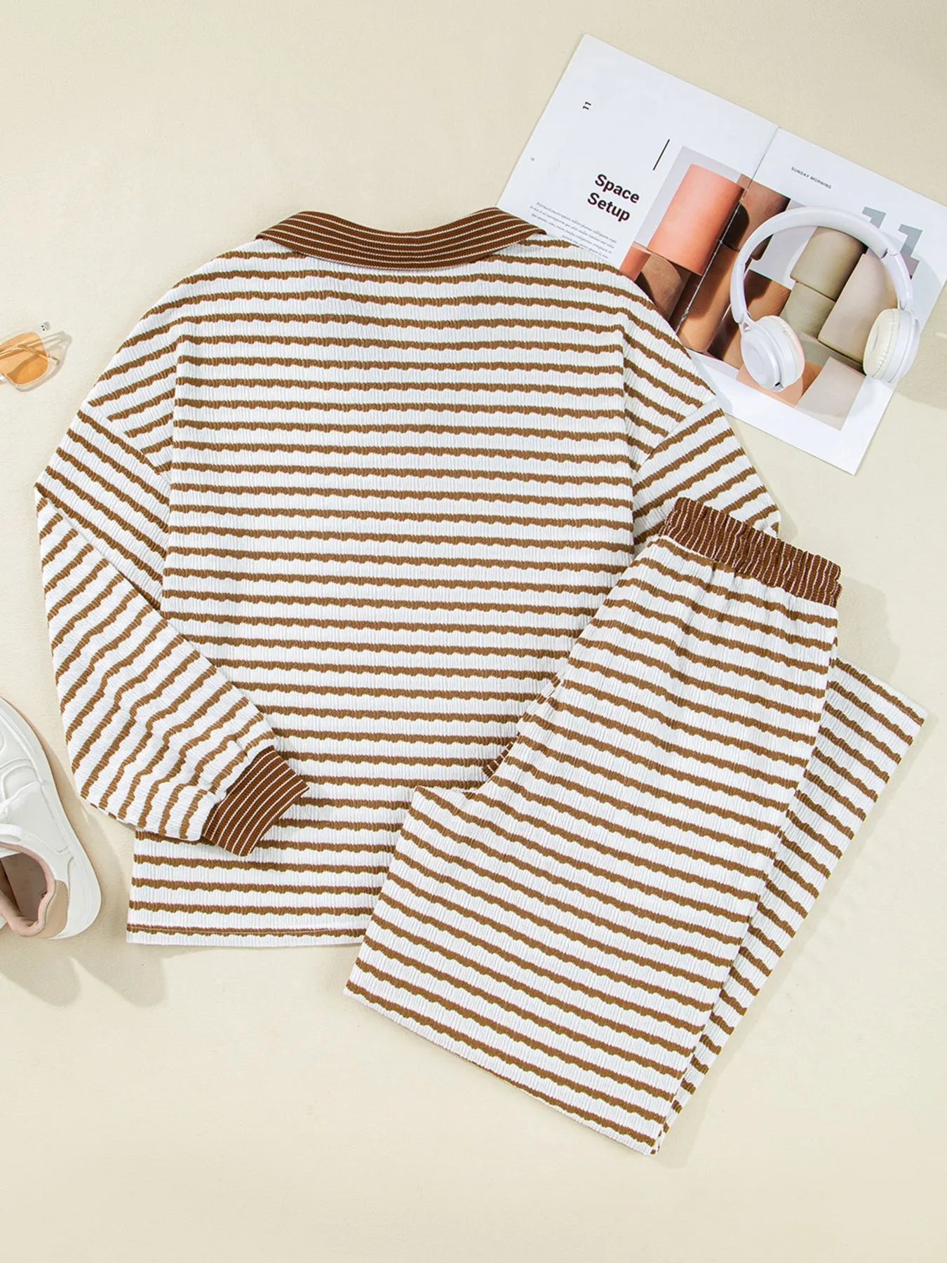 Stripe Collared Top and Drawstring Pant Set - Be Bliss Boutique