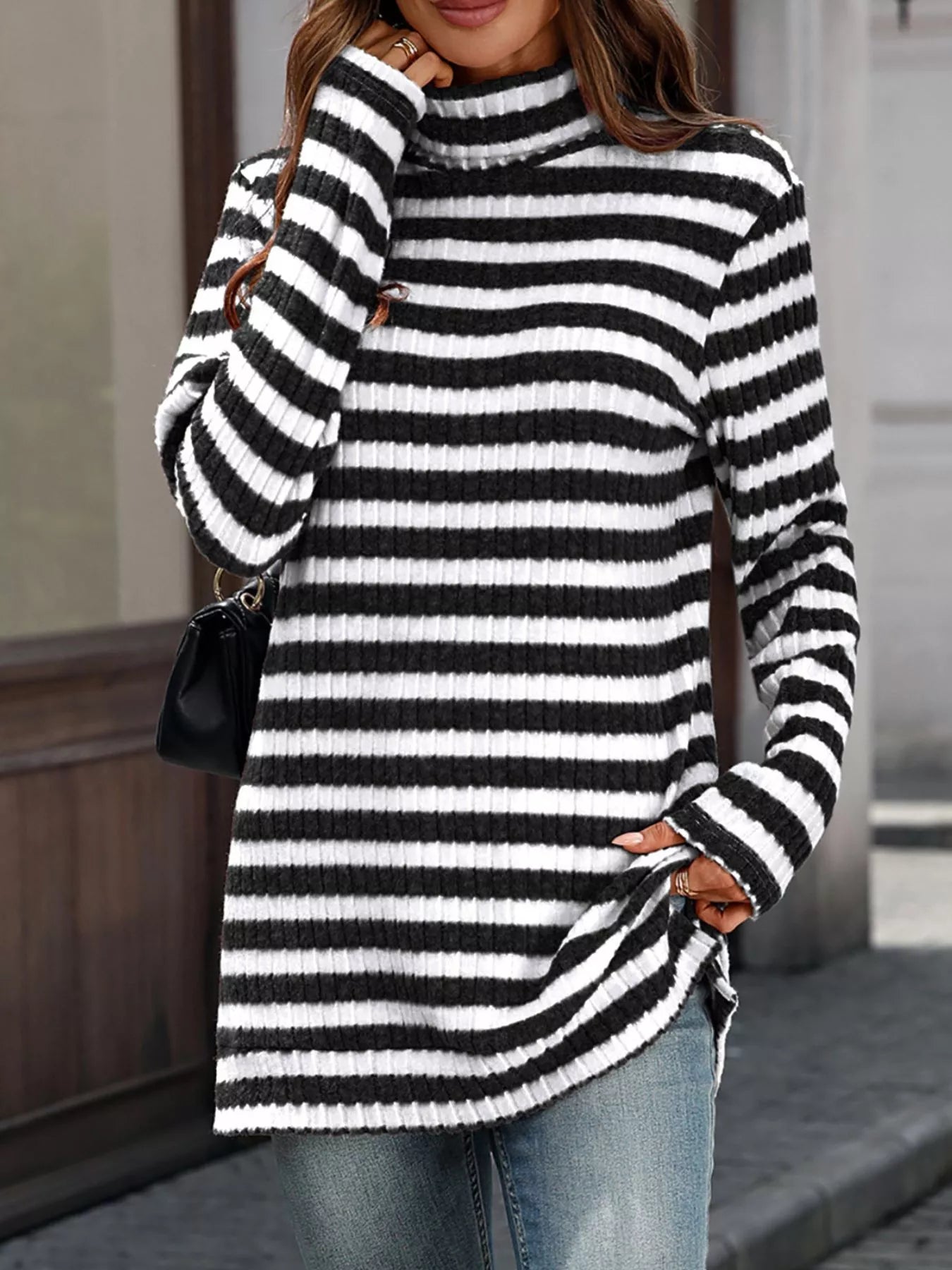 Striped Turtleneck Long Sleeve Knit Top - Be Bliss Boutique