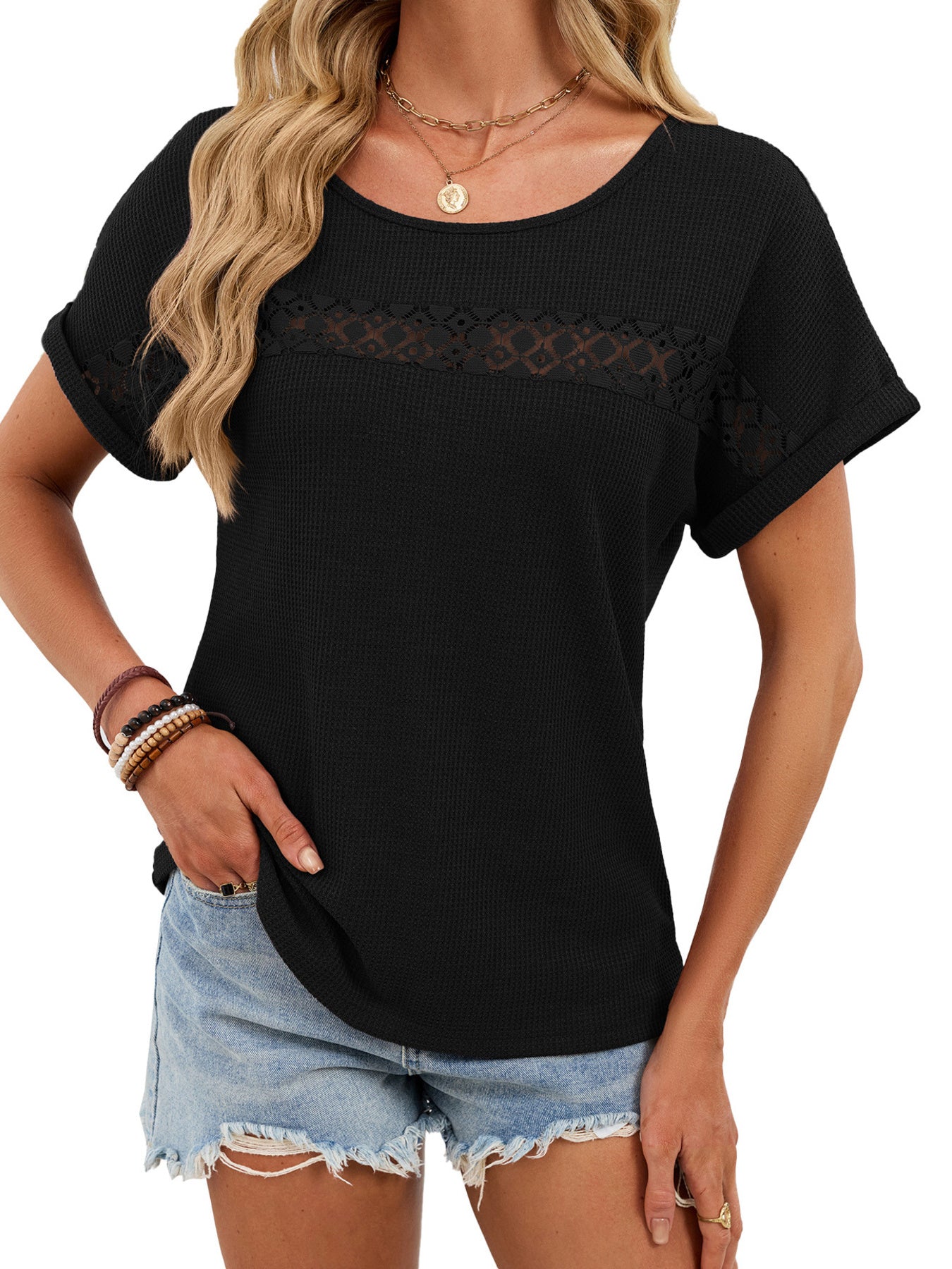 Lace Trim Short Sleeve T Shirt - Be Bliss Boutique