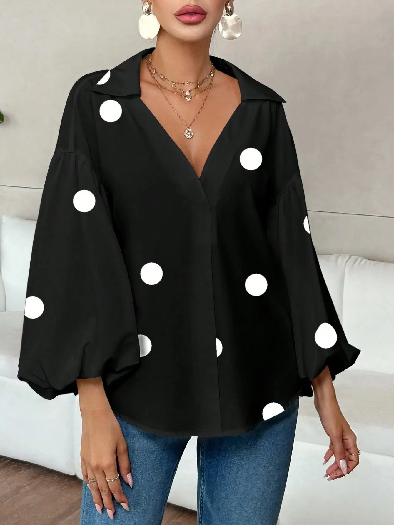 Polka Dot Balloon Sleeve Blouse - Be Bliss Boutique