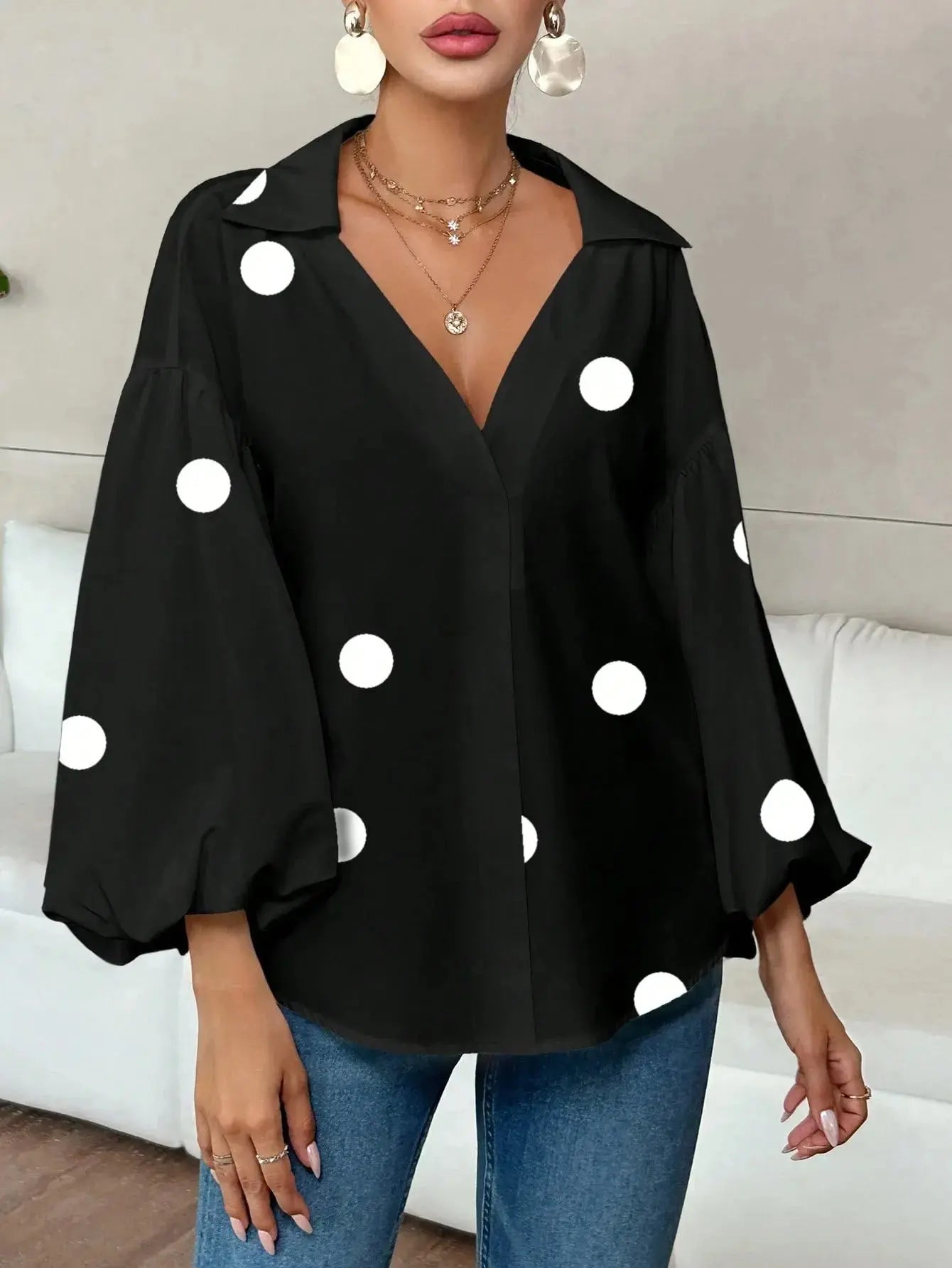Oversized Polka Dot Balloon Sleeve Blouse - Be Bliss Boutique