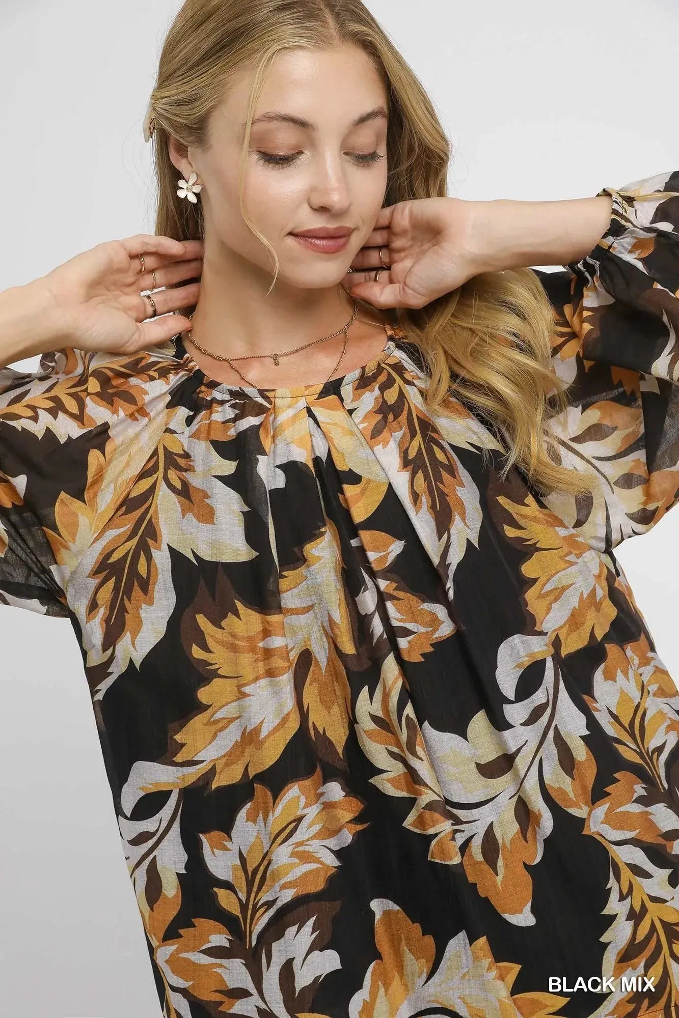 Umgee Autumn Leaf Print Balloon Sleeve Blouse - Be Bliss Boutique