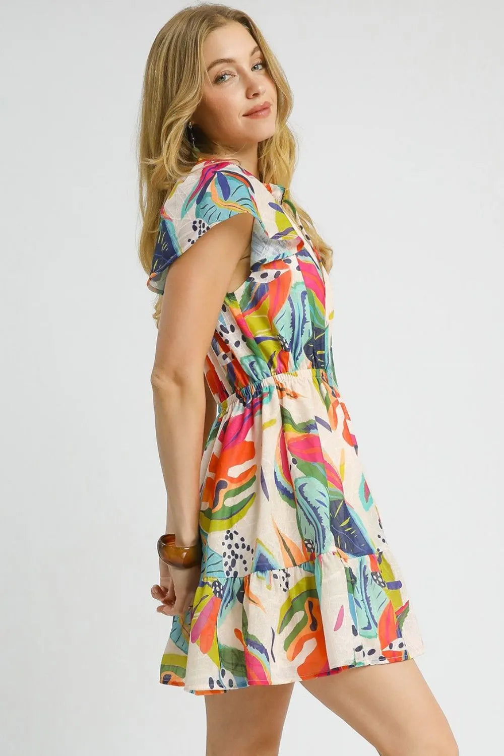 Umgee Tie Neck Ruffle Hem Tropical Mini Dress - Be Bliss Boutique