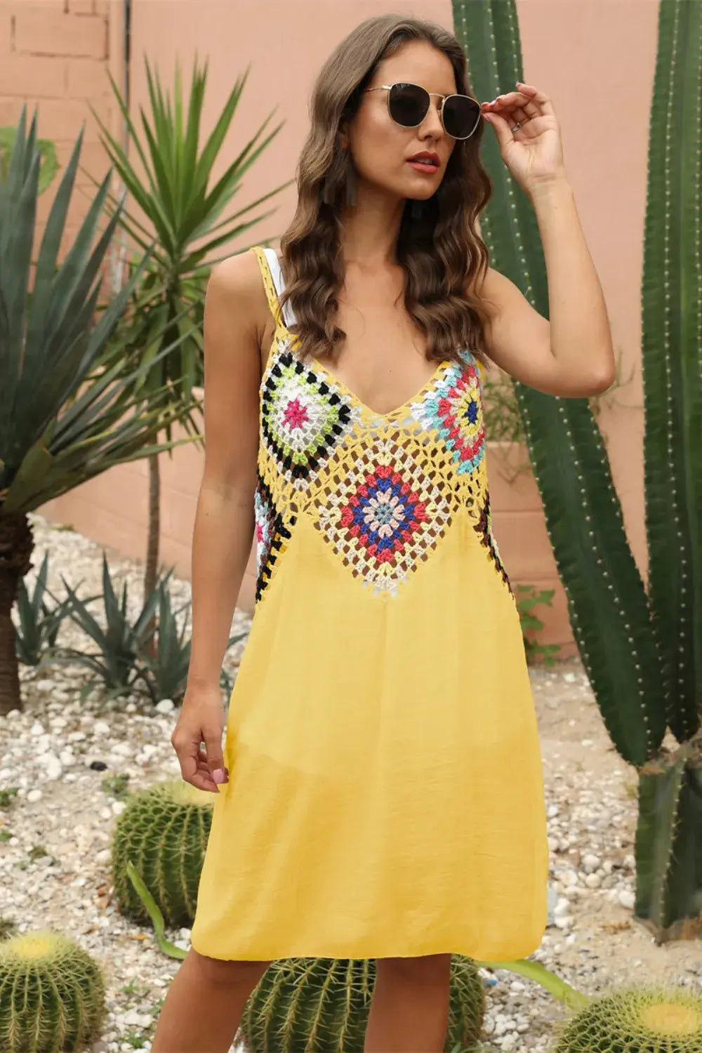 Crochet Geometric V-Neck Spaghetti Strap Cover Up Dress - Be Bliss Boutique