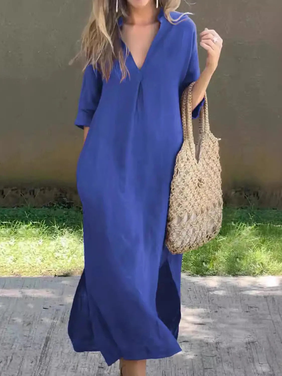 Full Size Notched Half Sleeve Midi Dress - Be Bliss Boutique