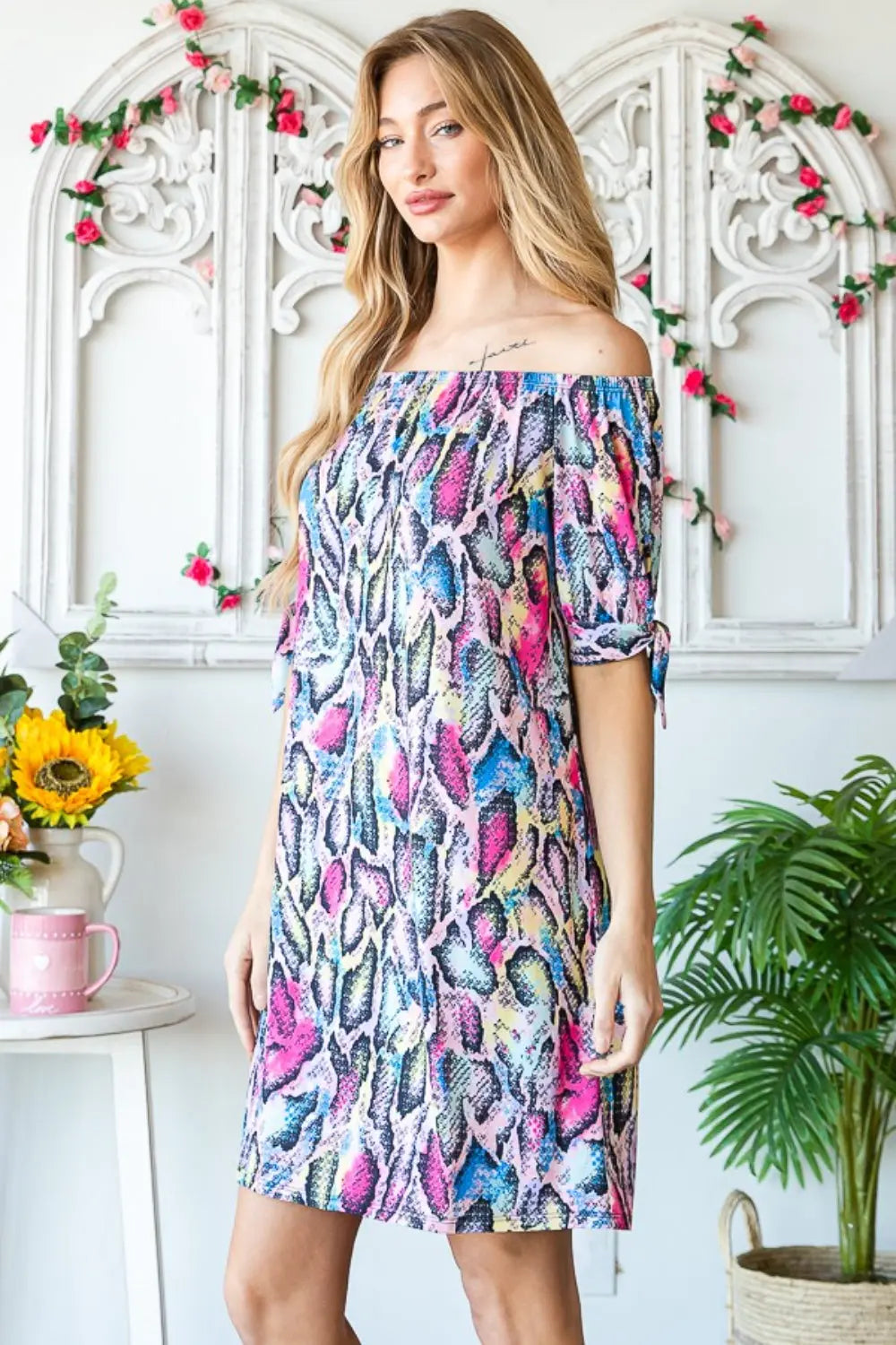 Heimish Full Size Off Shoulder Snake Print Mini Dress - Be Bliss Boutique