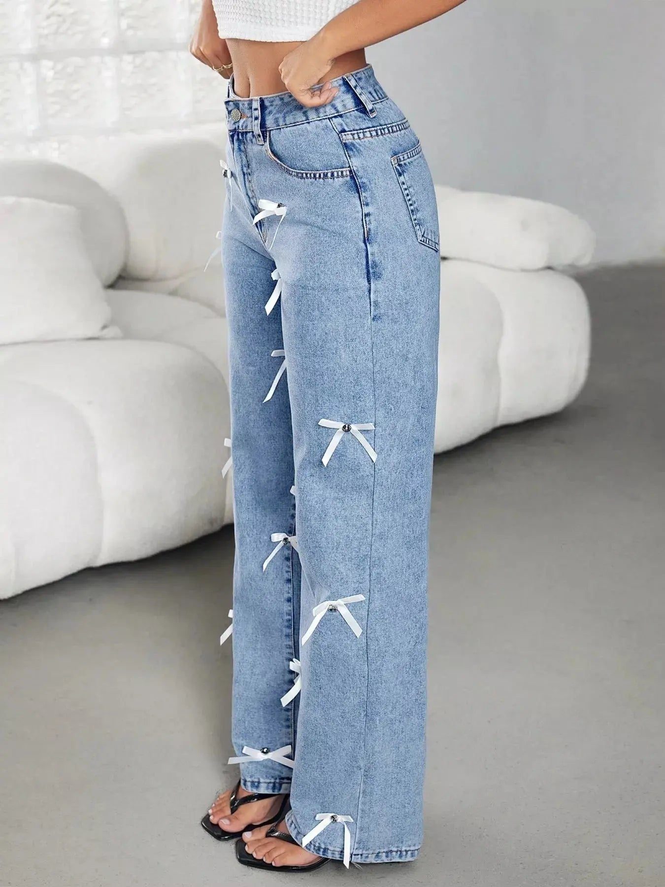 Bow Decor High Waist Wide Leg Jeans - Be Bliss Boutique