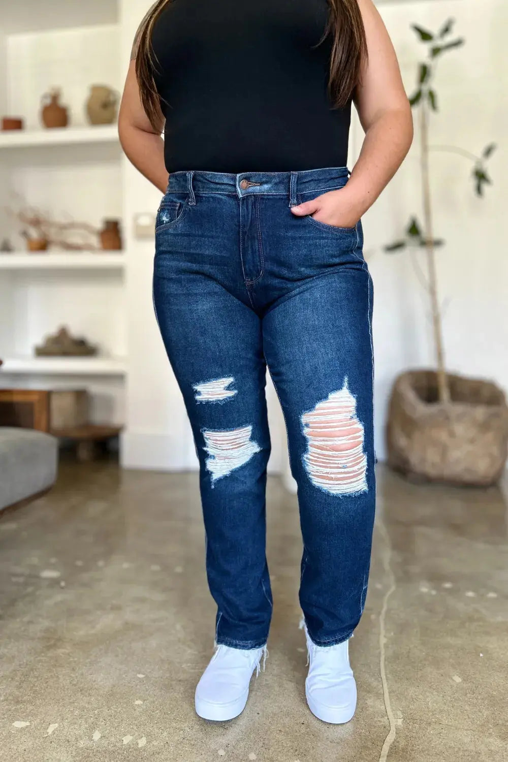 Full Size High Waist Rigid Magic Heavy Destroy Straight Judy Blue Jeans - Be Bliss Boutique