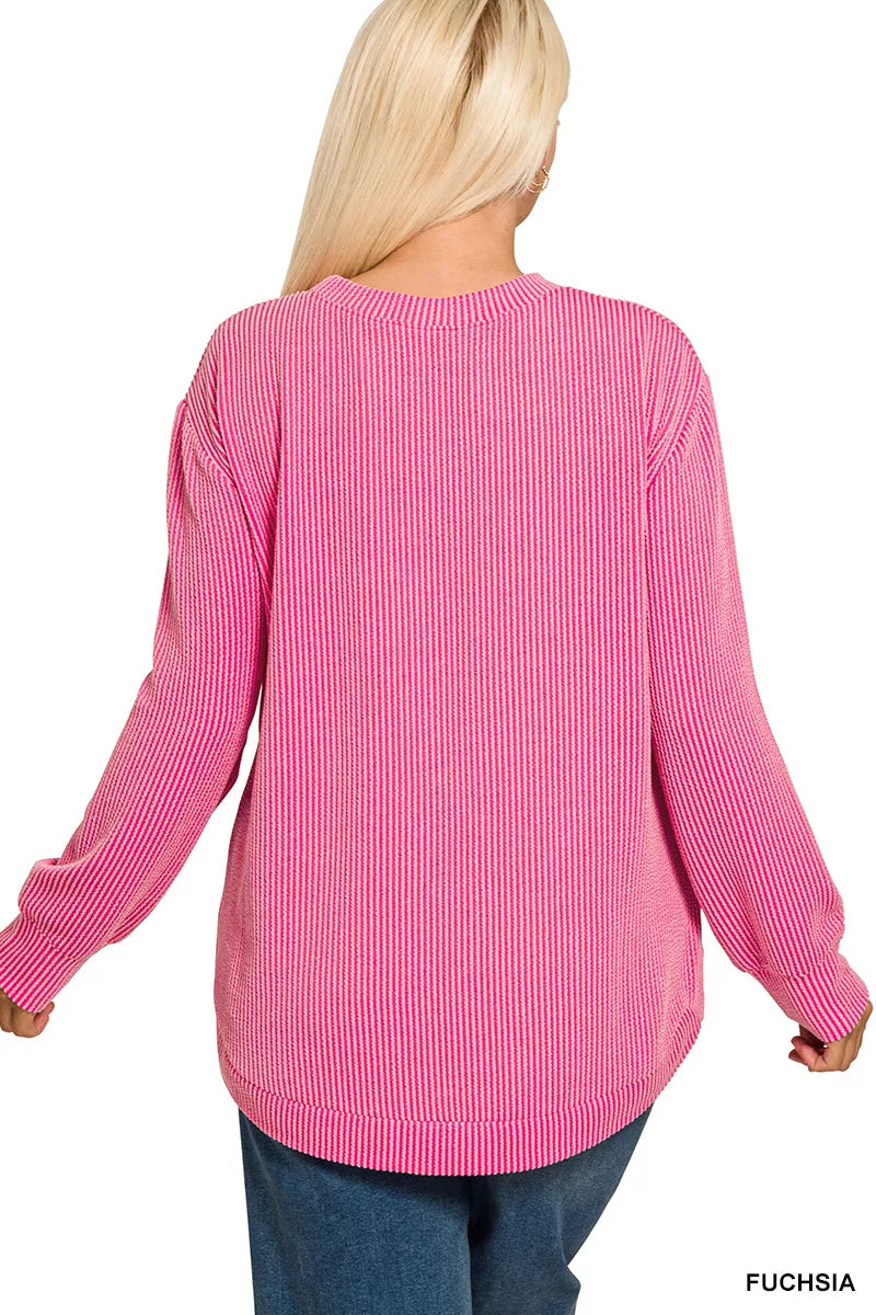 Zenana Full Size Raised Rib Round Neck Long Sleeve Top Plus Size - Be Bliss Boutique