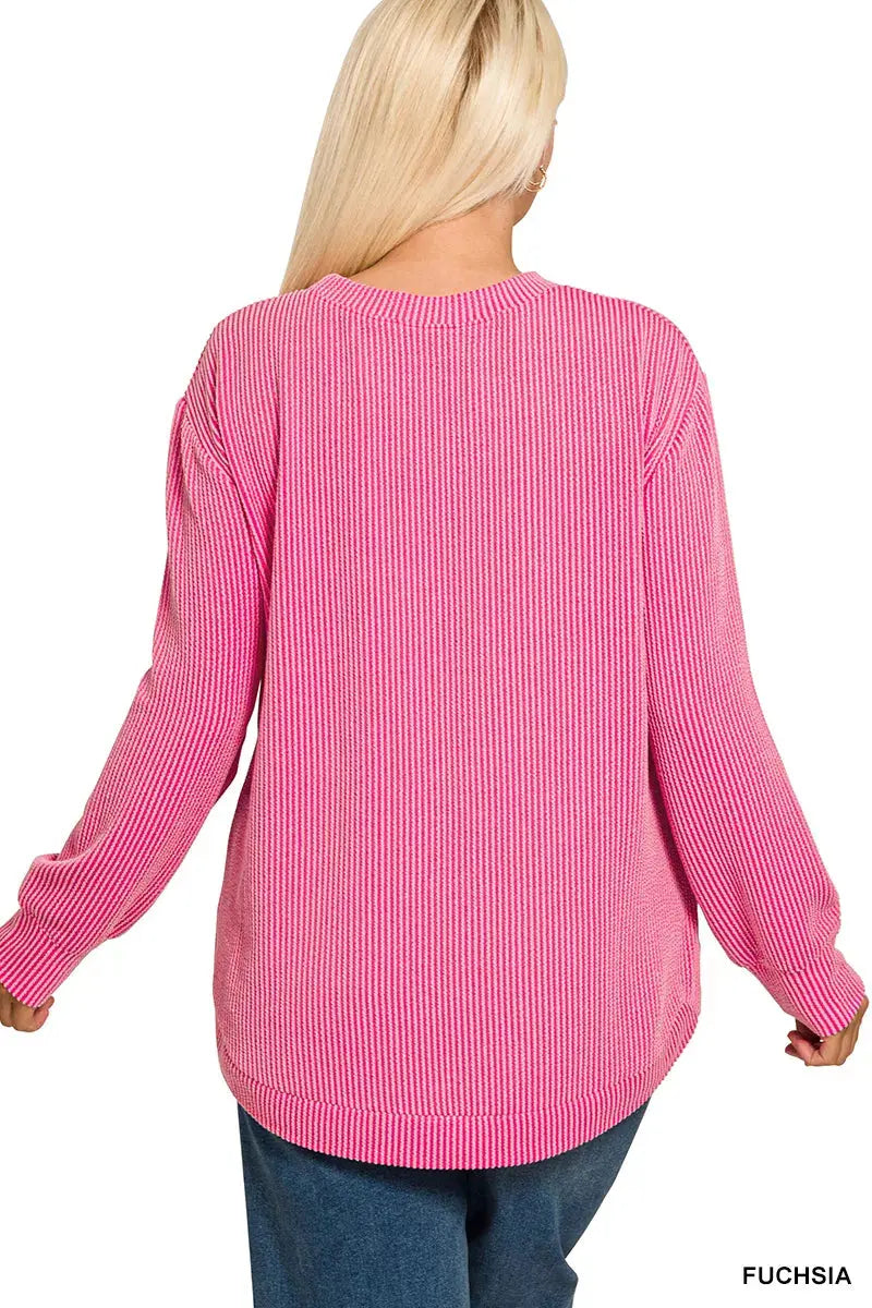 Zenana Plus Size Raised Rib Round Neck Long Sleeve Top - Be Bliss Boutique