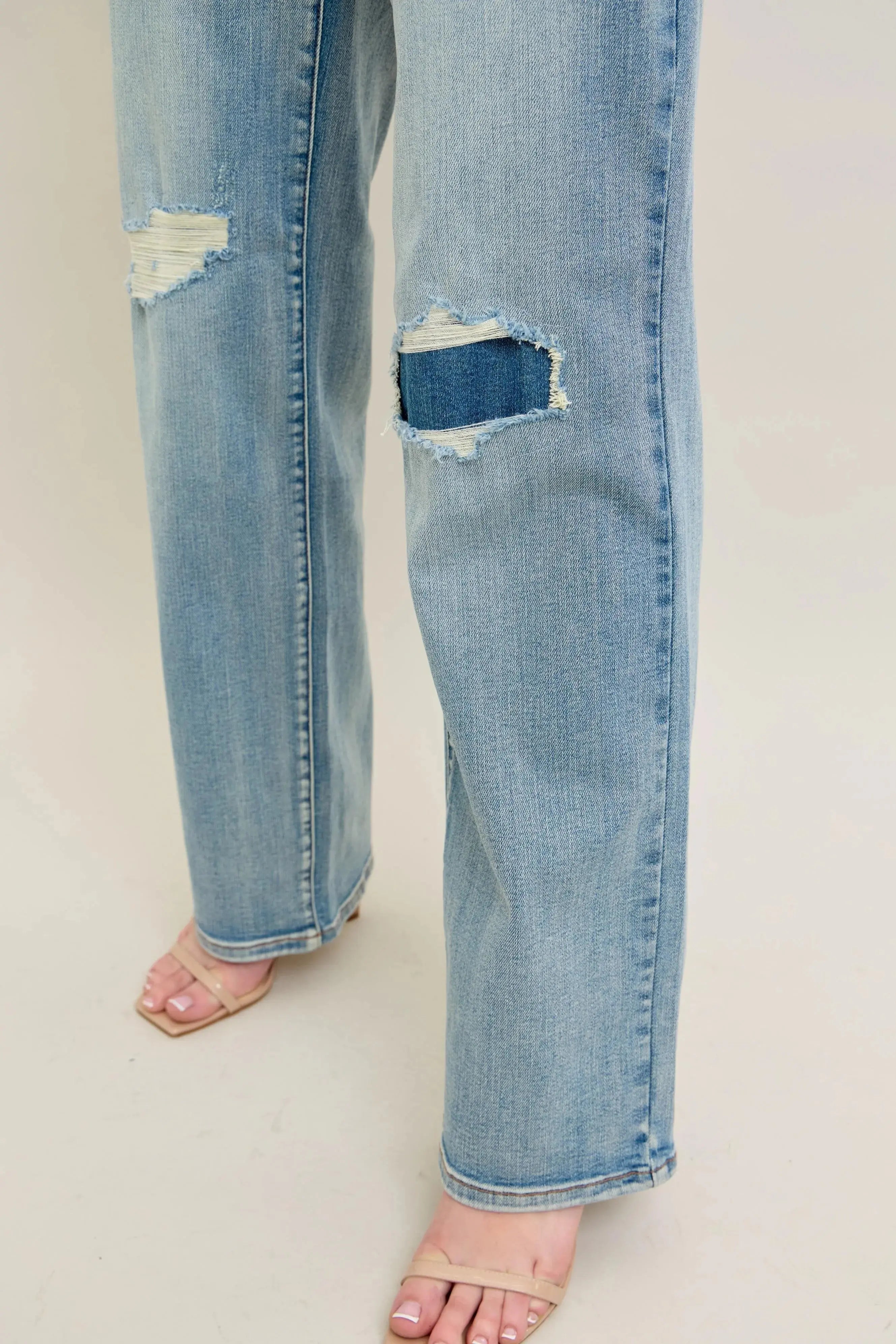 Judy Blue Jeans -Plus Size High Waist Destroy & Knee Patch Straight Leg - Be Bliss Boutique