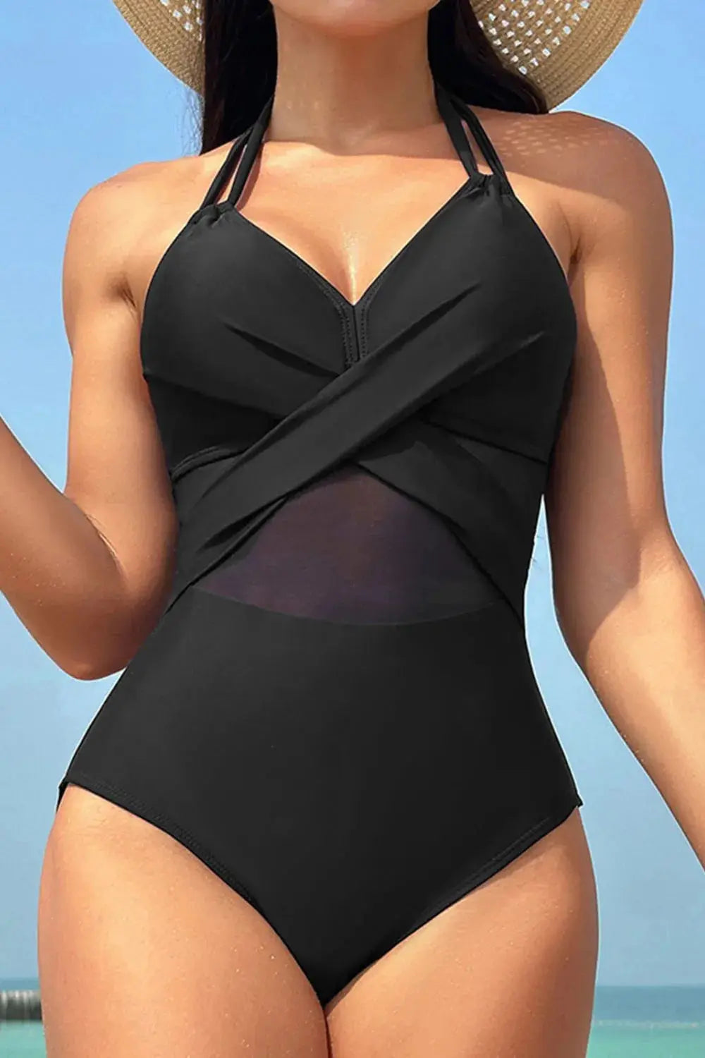 Crisscross Halter Mesh Panel One Piece Swimsuit - Be Bliss Boutique