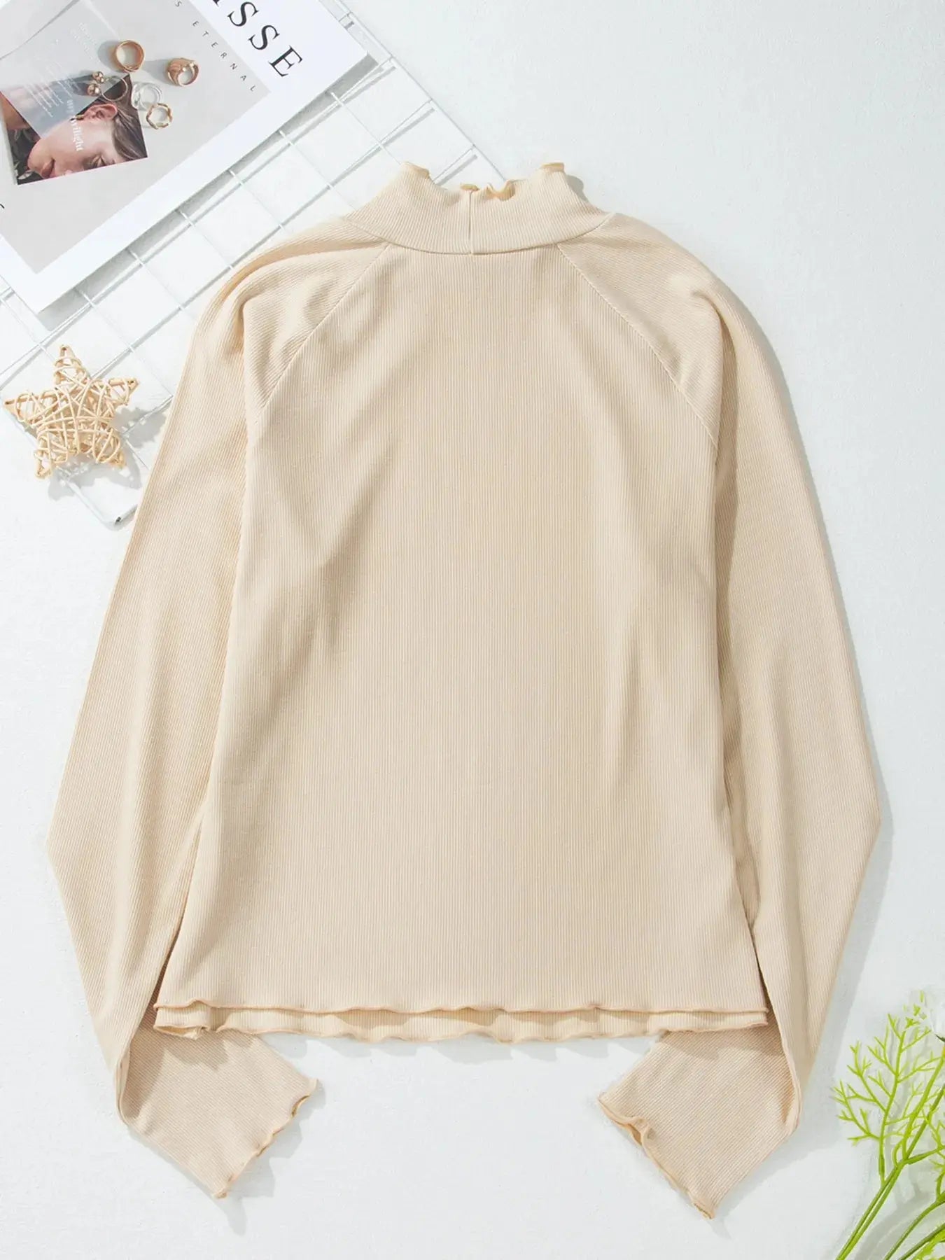 Ribbed Knit Lettuce Trim Long Sleeve Mock Neck Top - Be Bliss Boutique