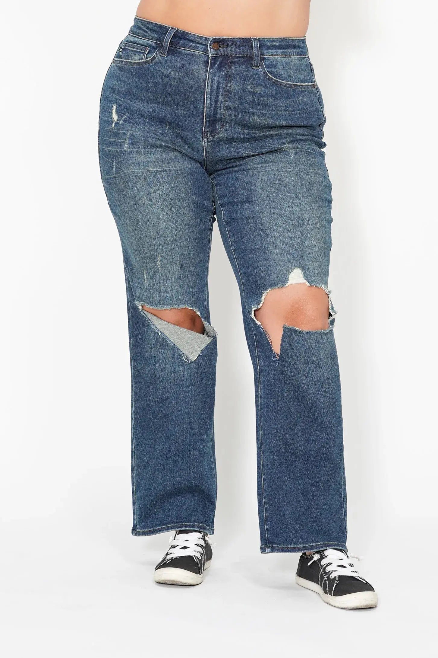 Full Size High Waist Ripped Knee Straight Leg Dad Judy Blue Jeans - Be Bliss Boutique