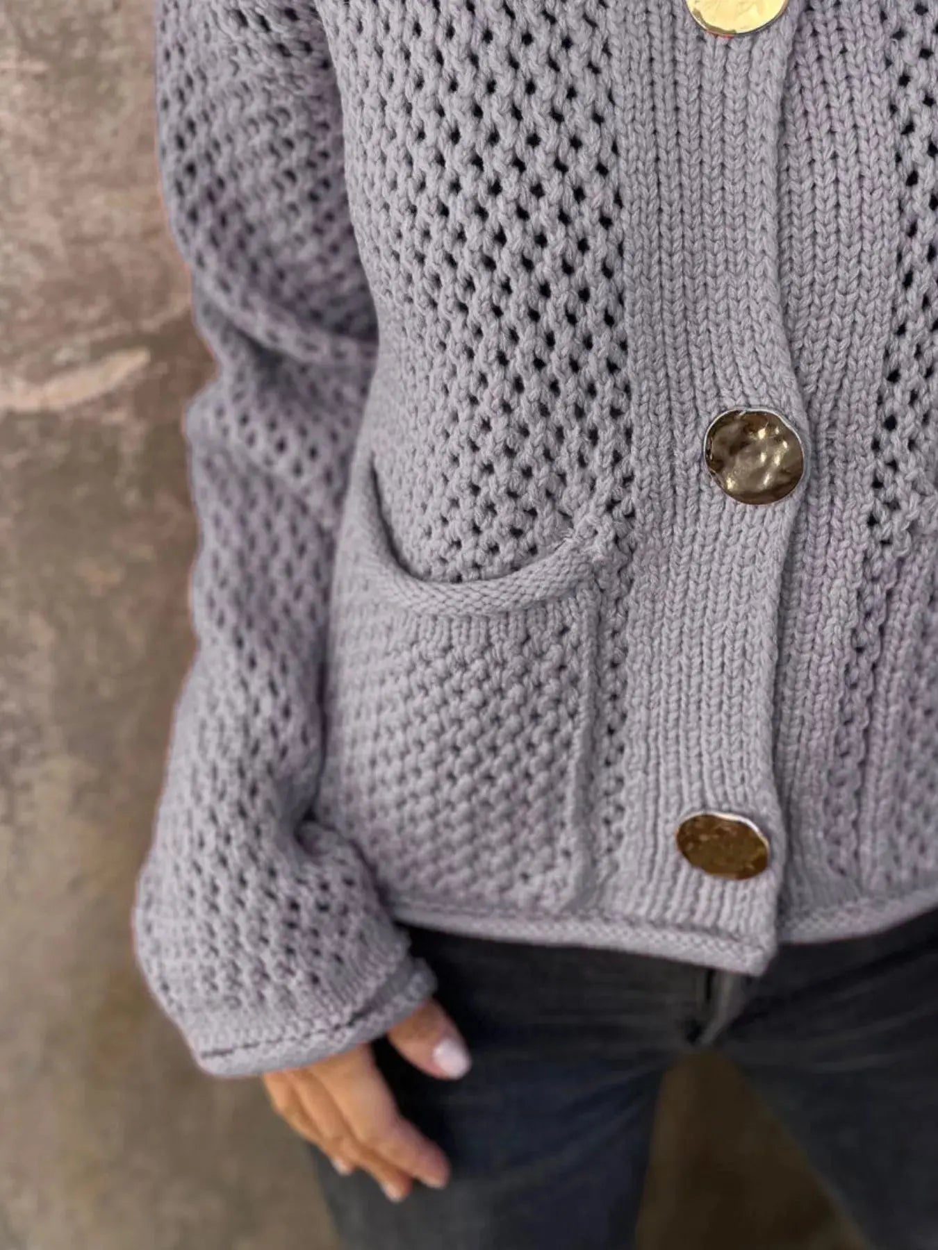 Crochet Button Up Long Sleeve Cardigan - Be Bliss Boutique