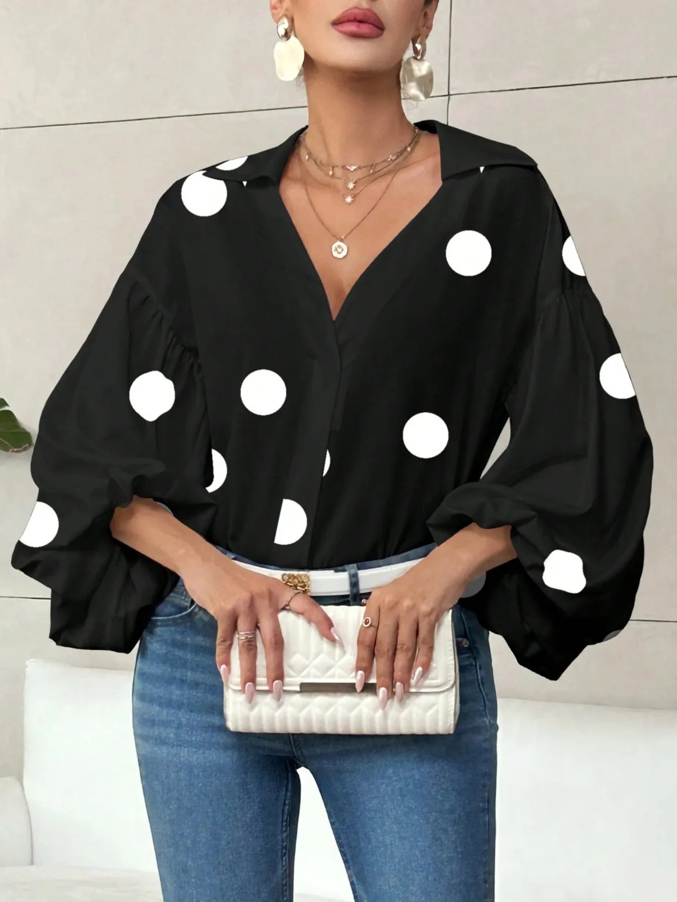 Polka Dot Balloon Sleeve Blouse - Be Bliss Boutique