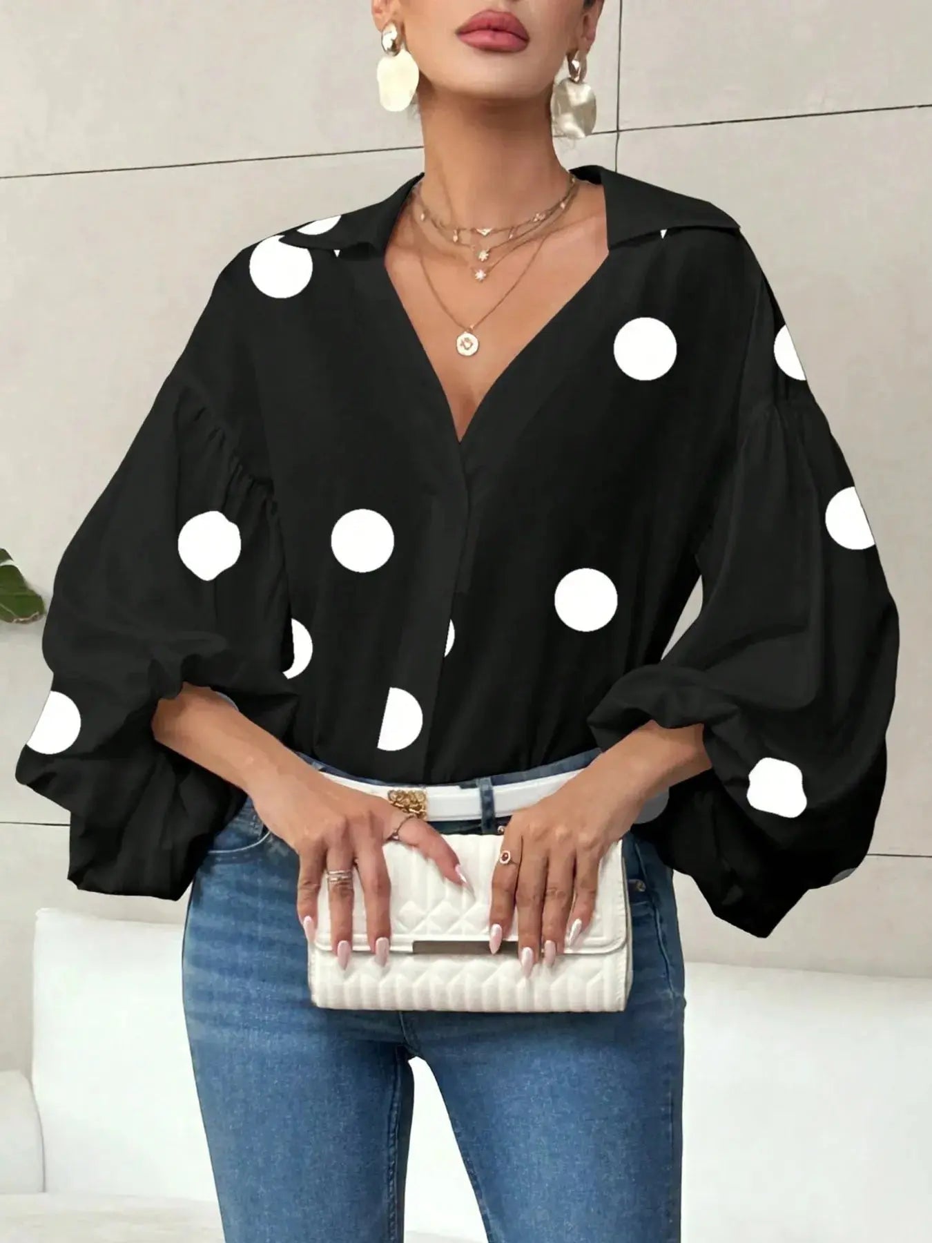 Oversized Polka Dot Balloon Sleeve Blouse - Be Bliss Boutique