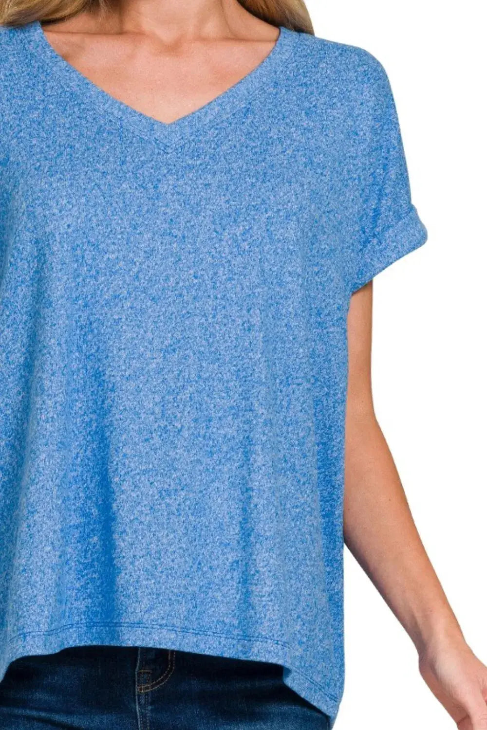 Zenana Soft Melange Hacci V-Neck Rolled Sleeve T Shirt – Blue - Be Bliss Boutique